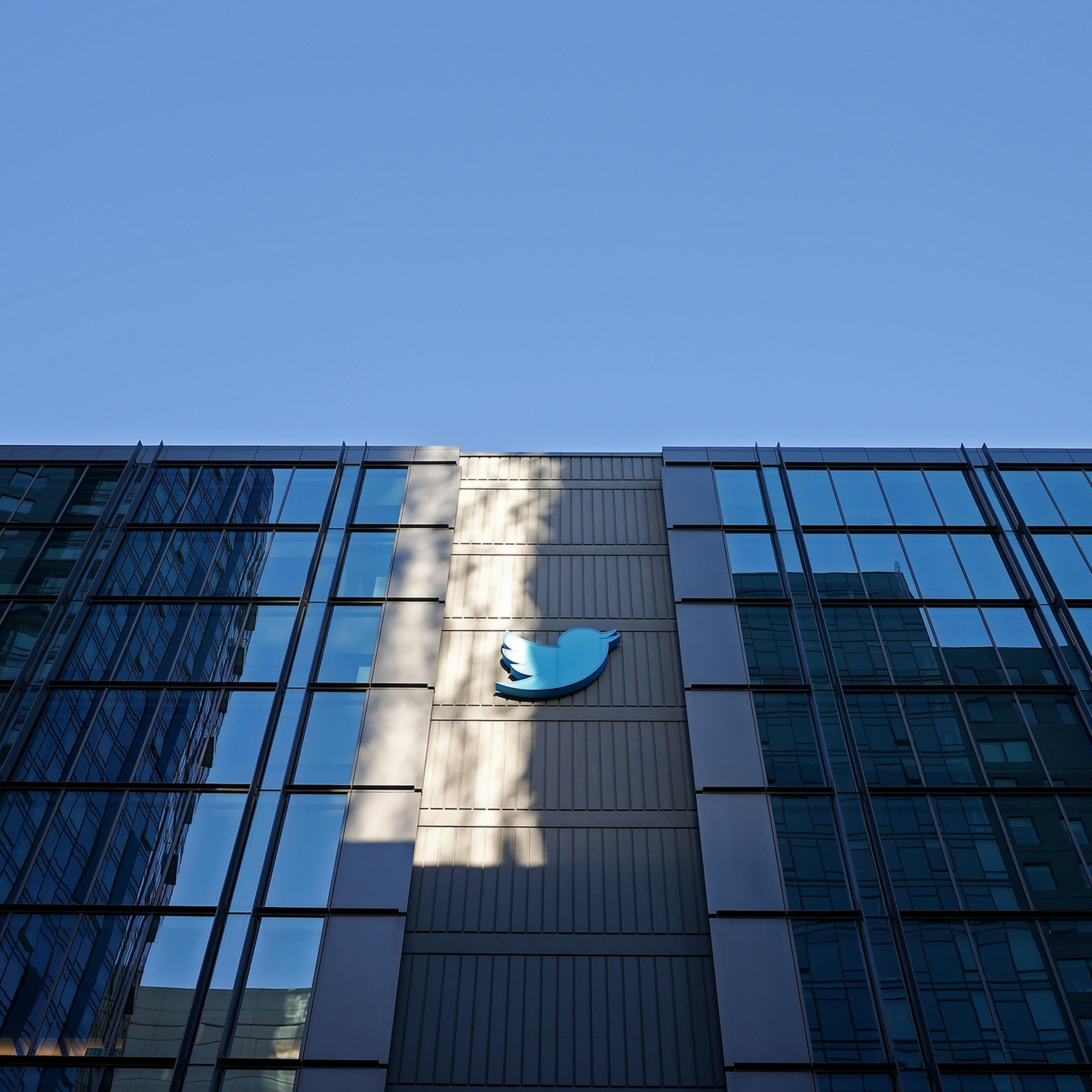 Twitter headquarters is seen towering above in San Francisco, Calif., on October 27, 2021.