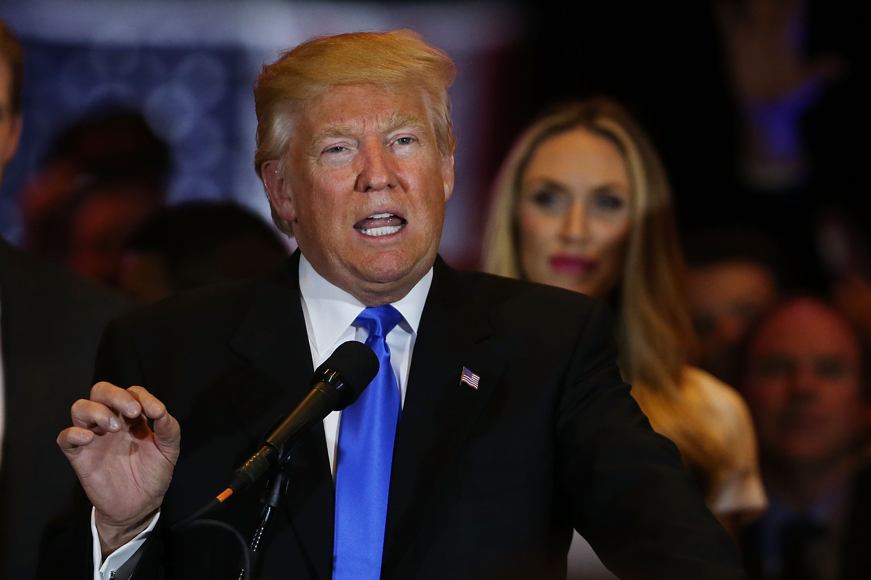 Republican presidential front runner Donald Trump speaks to supporters and the media at Trump Tower in Manhattan following his victory in the Indiana primary on May 03, 2016 in New York City.