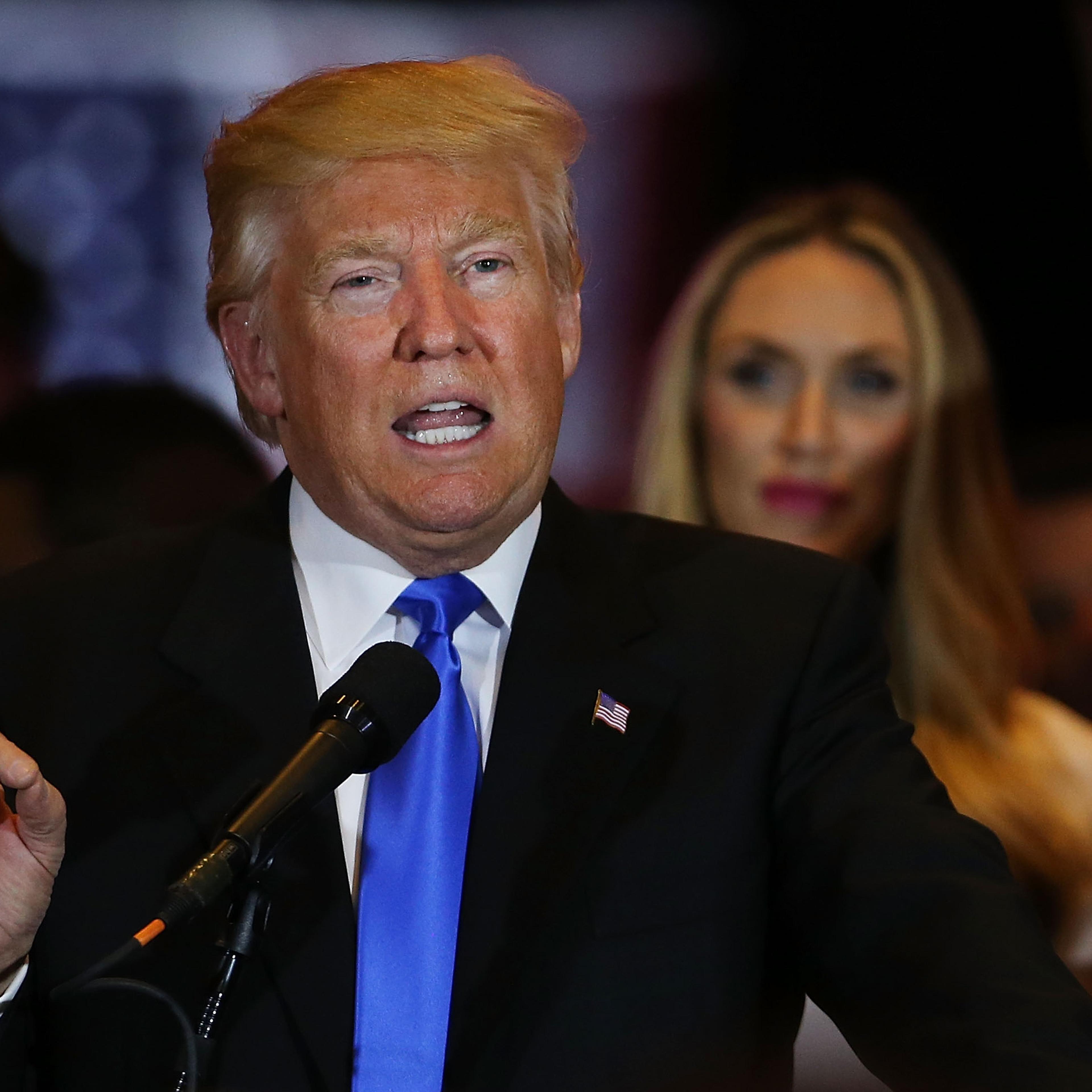 Republican presidential front runner Donald Trump speaks to supporters and the media at Trump Tower in Manhattan following his victory in the Indiana primary on May 03, 2016 in New York City.