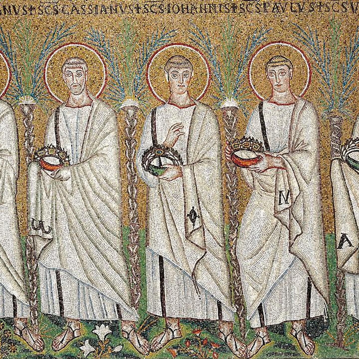 Christian Monks, St. Cyprian, St. Cassian, St. John, St. Paul and St. Vitalis, from the Saints Procession mosaic in the Basilica di Sant'Apollinare Nuovo in Ravenna, Italy.