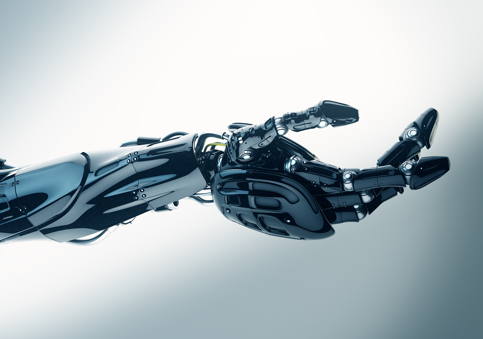Future technology in black prosthetic hand on white. 3ds max