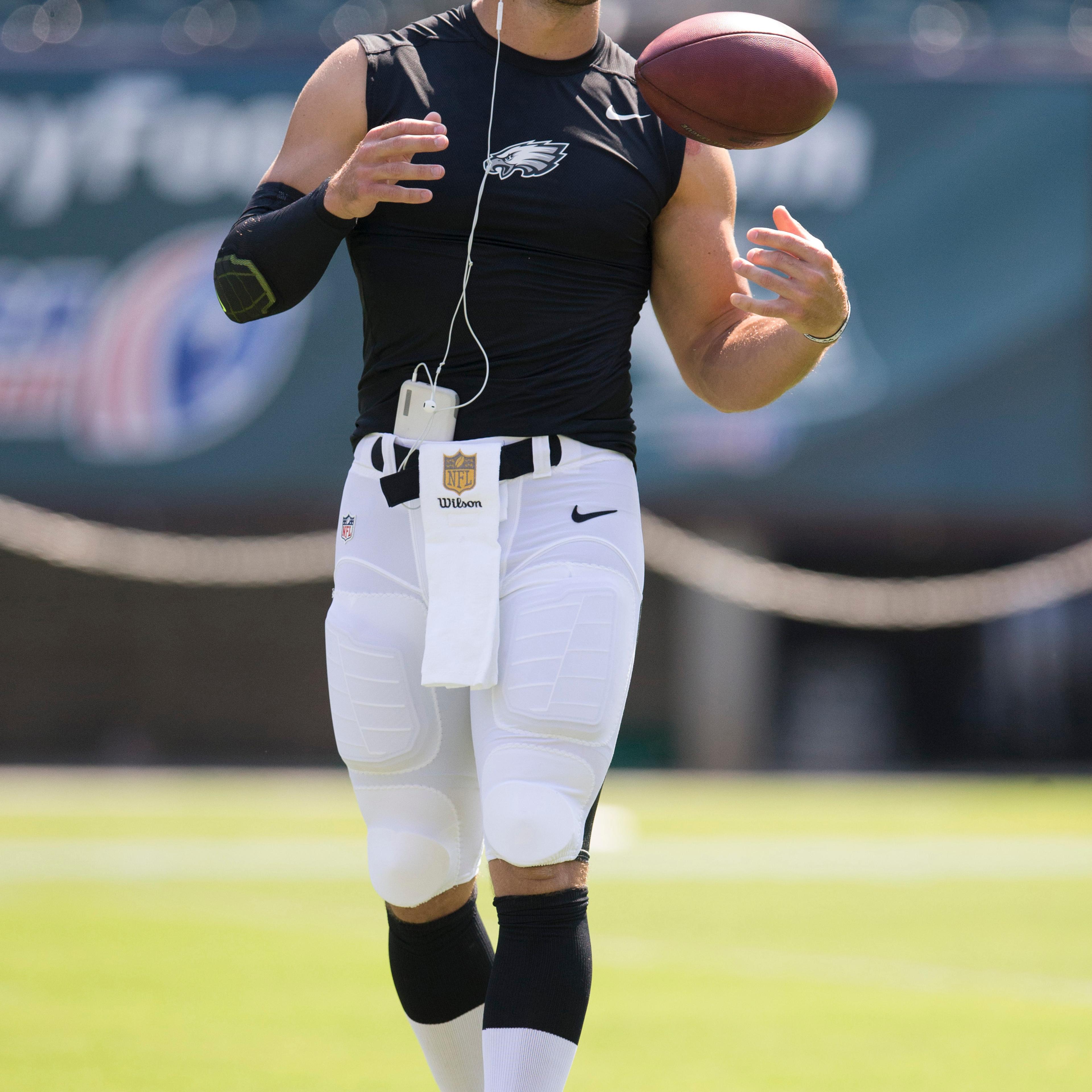 Tim Tebow of the Philadelphia Eagles warms up prior to the game against the Indianapolis Colts on Aug. 16, 2015 at Lincoln Financial Field in Philadelphia.