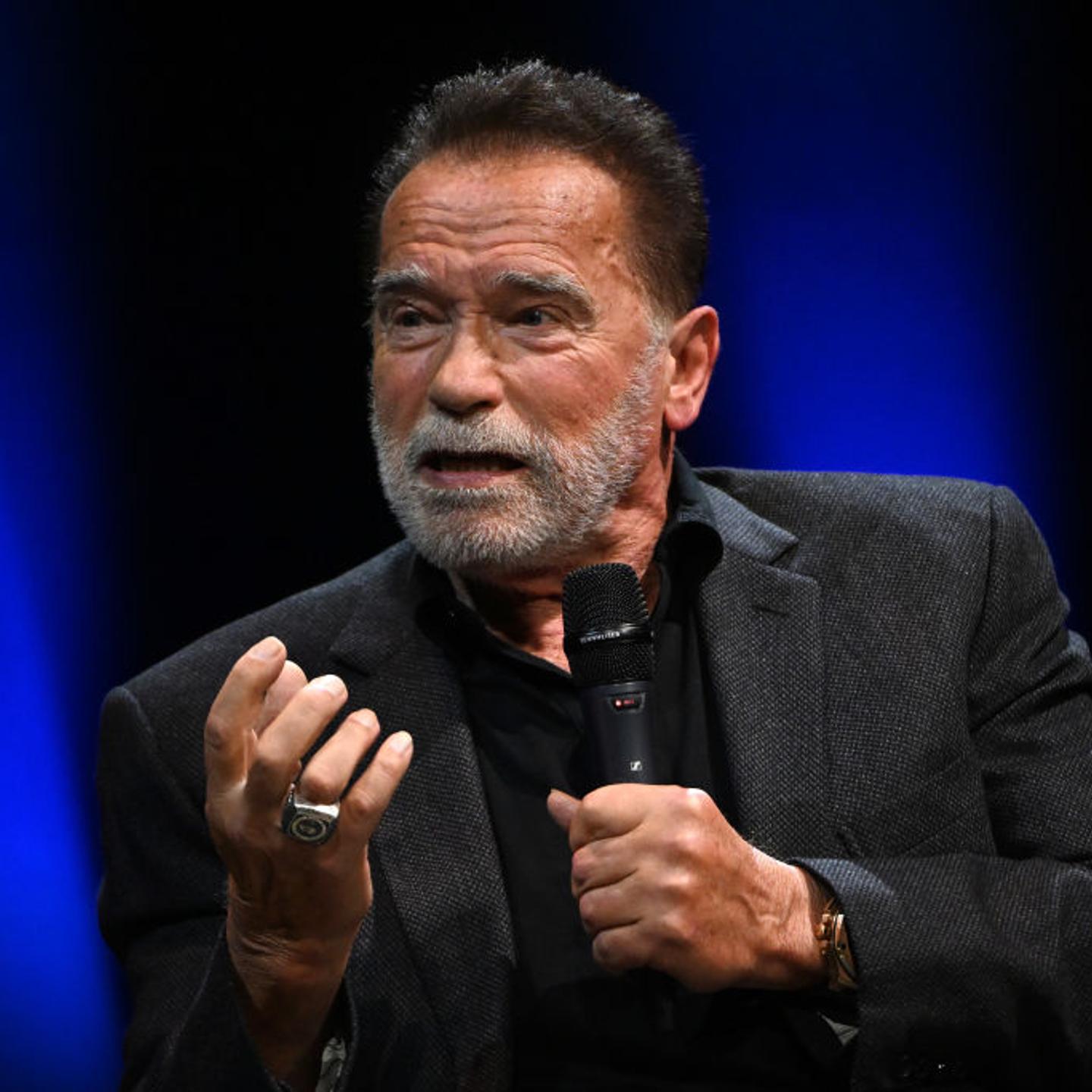 Arnold Schwarzenegger speaks onstage at an Evening with Arnold Schwarzenegger presented by Fane at London Palladium on October 24, 2023 in London, England.
