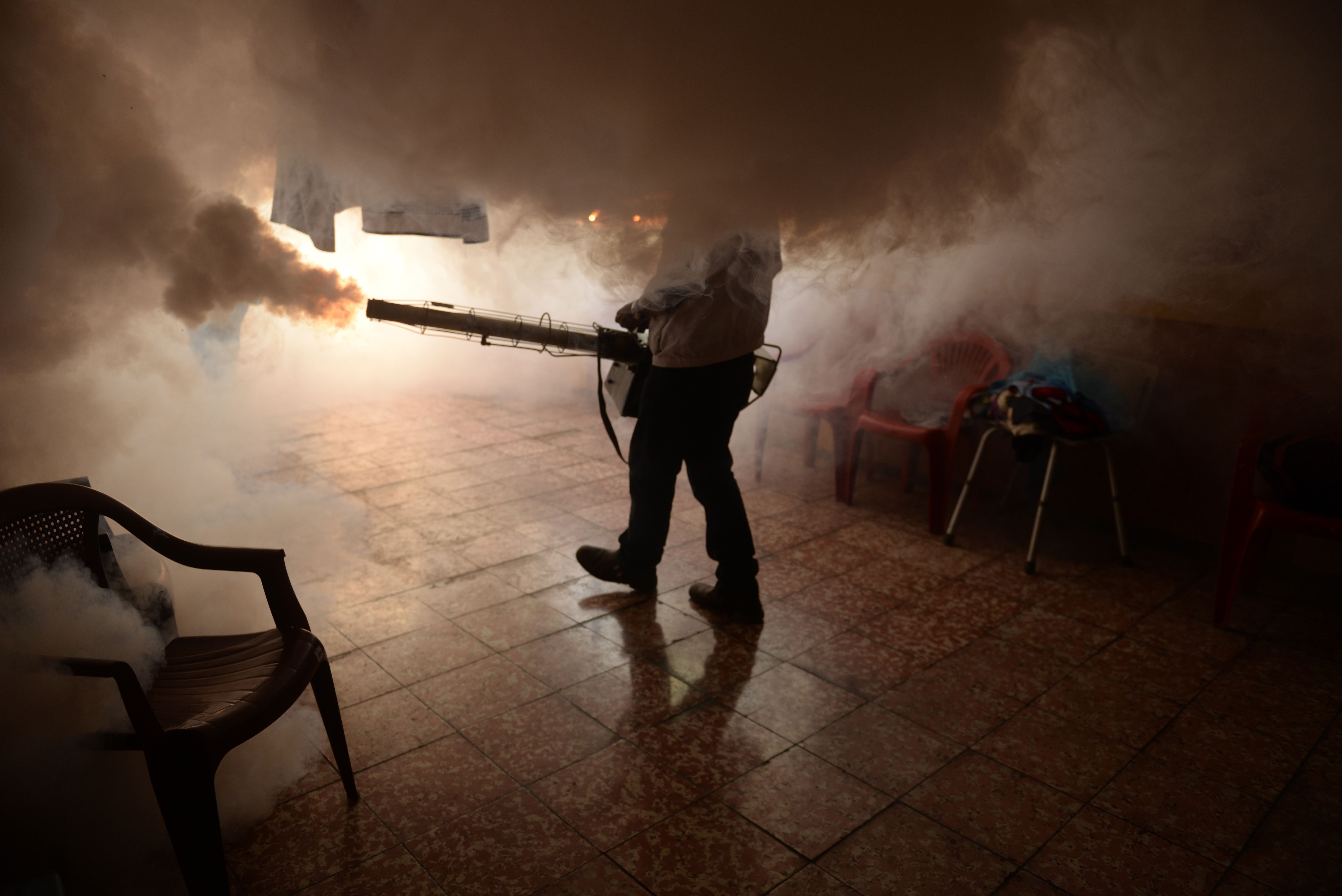 A Health Ministry employee fumigates a home against to prevent the spread of the Zika virus in Soyapango, easy of San Salvador, on Jan. 21, 2016.