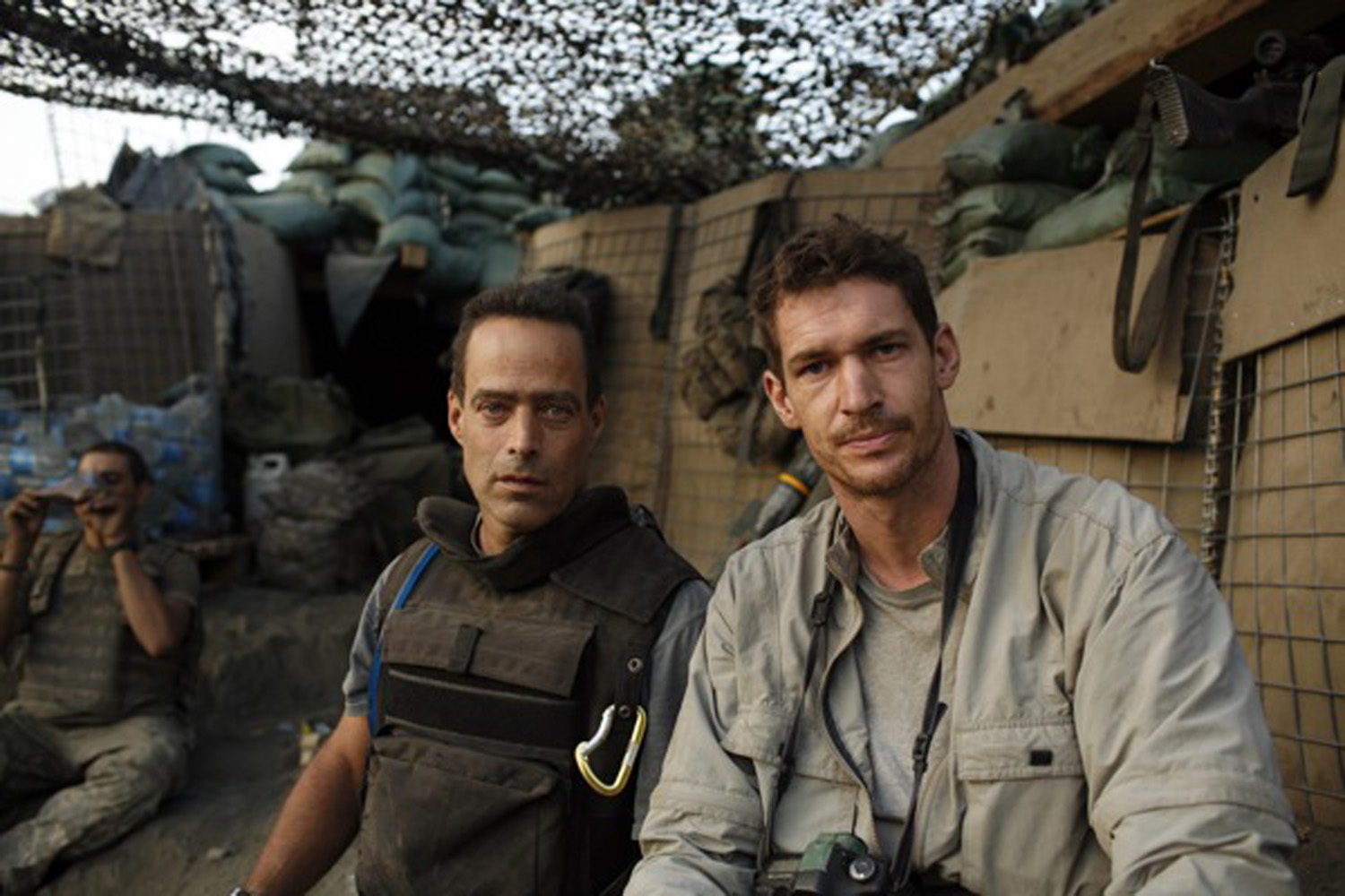 Tim Hetherington (right) and Sebastian Junger (left) at the Restrepo outpost in the Korengal Valley, Afghanistan. Junger and Hetherington jointly directed, filmed and produced the movie 'Restrepo' from June 2007 to January 2010.