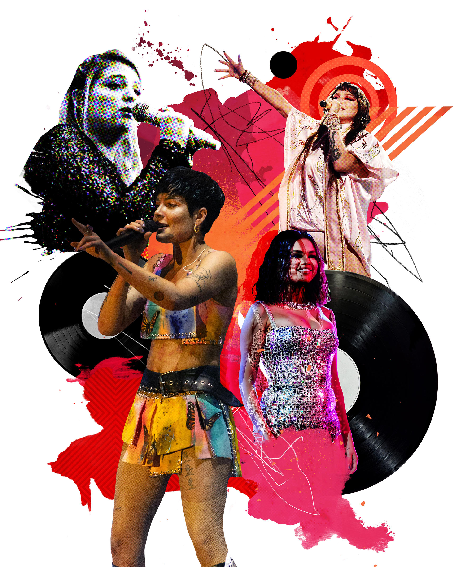 Clockwise from top left: Meghan Trainor, Halsey, Selena Gomez and Kesha all released albums in January