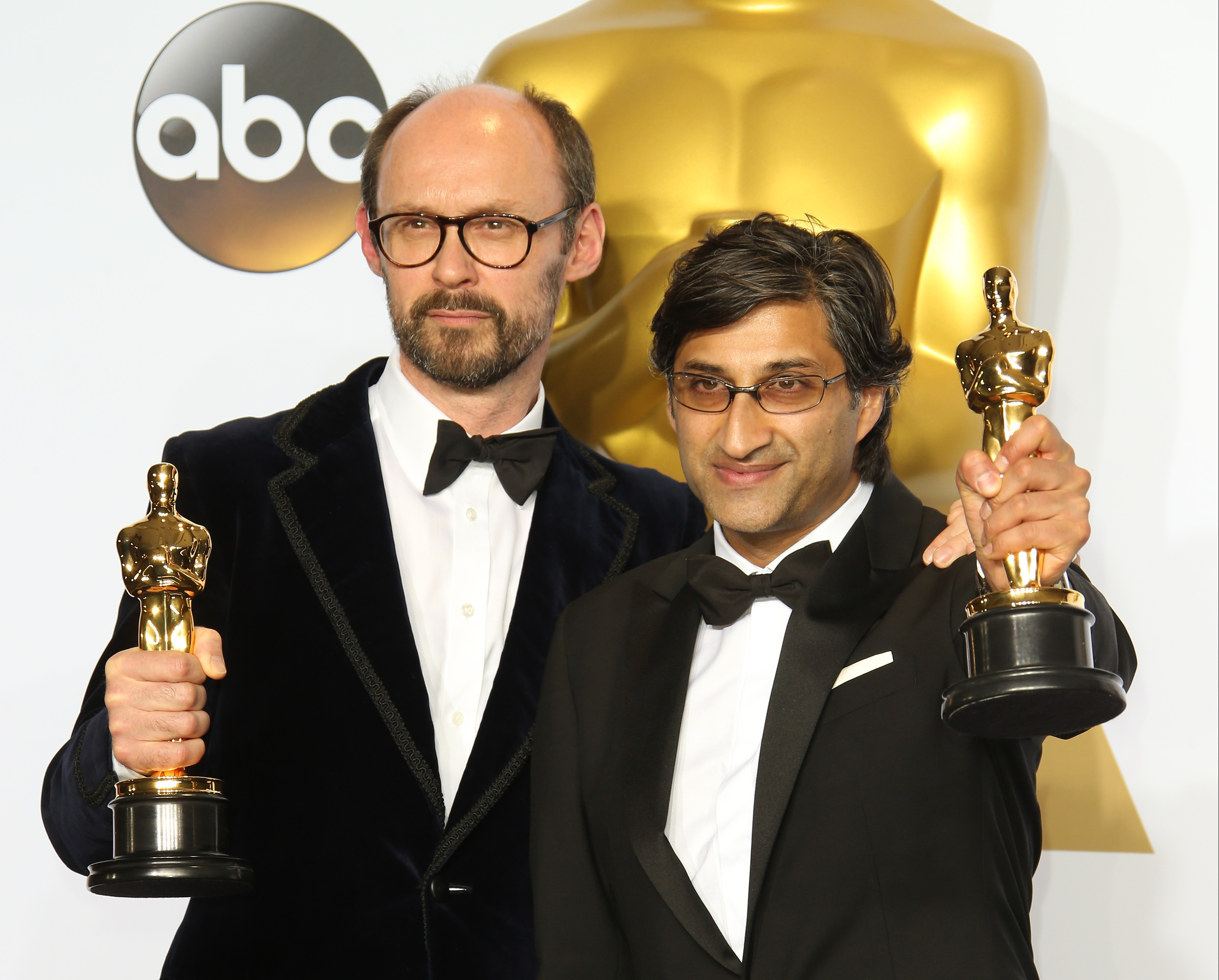 James Gay-Rees and Asif Kapadia, winners for Best Documentary Feature for 'Amy,' pose in the press room at the 88th Annual Academy Awards at Hollywood &amp; Highland Center on February 28, 2016 in Hollywood, California.
