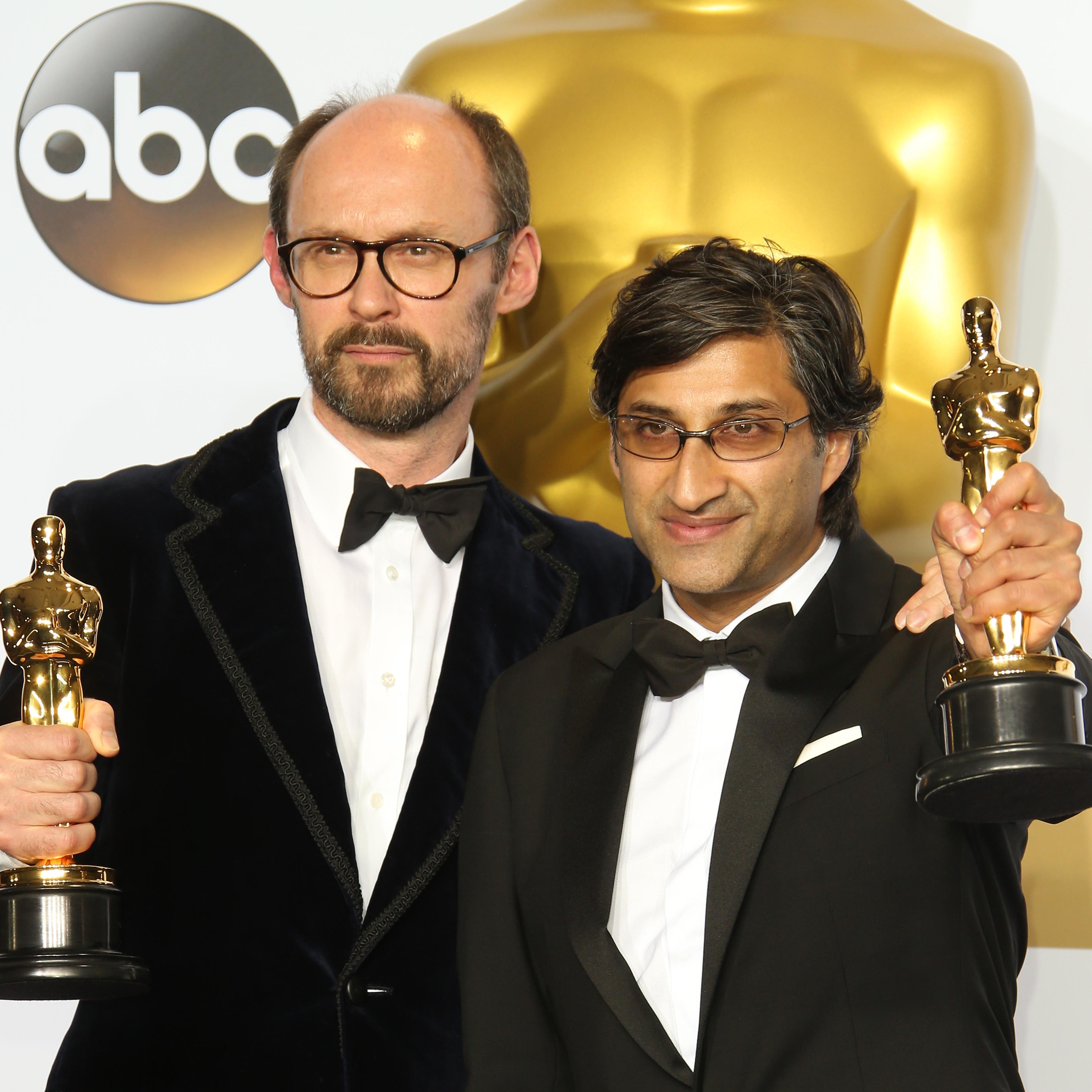 James Gay-Rees and Asif Kapadia, winners for Best Documentary Feature for 'Amy,' pose in the press room at the 88th Annual Academy Awards at Hollywood & Highland Center on February 28, 2016 in Hollywood, California.