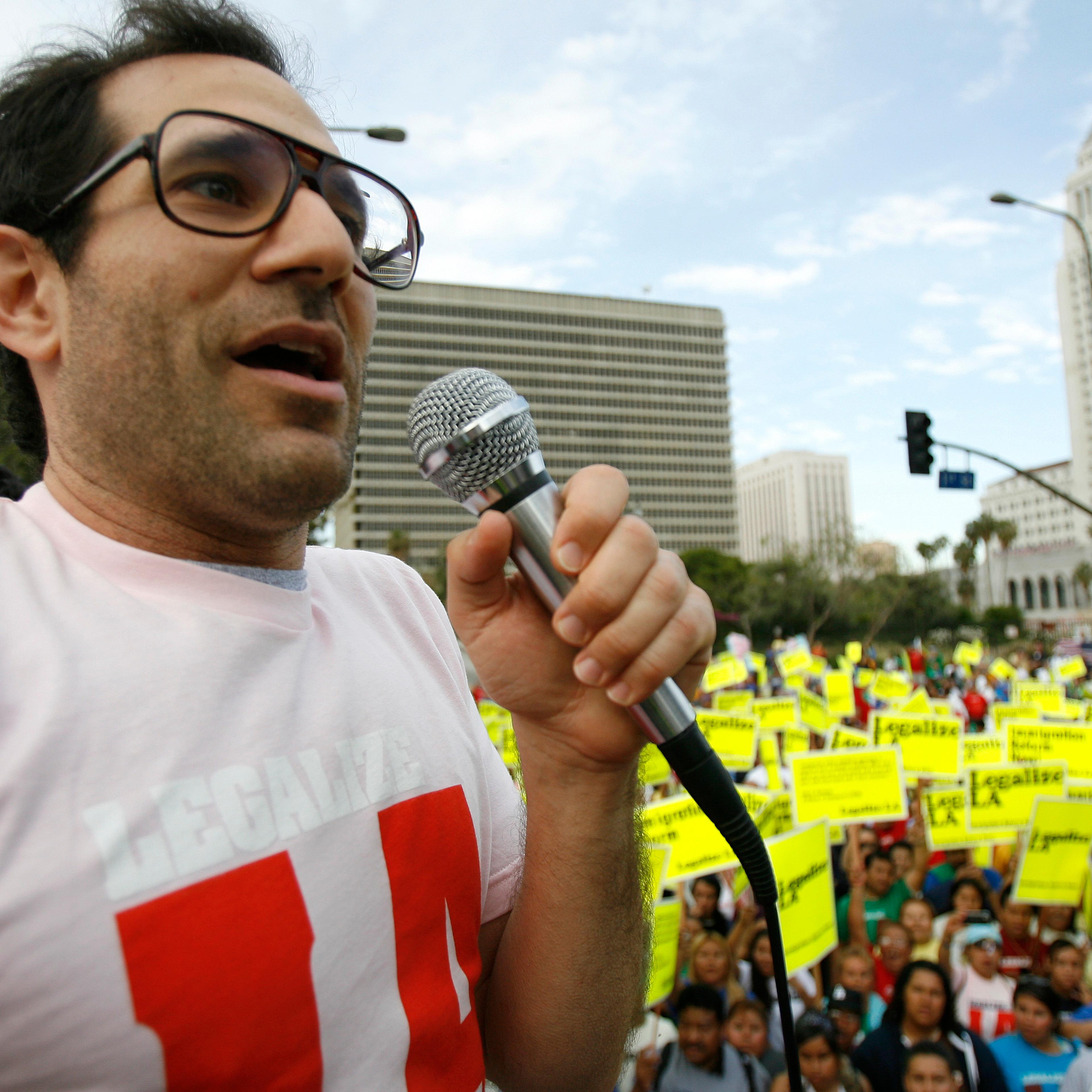 American Apparel owner Dov Charney speaks during a May Day rally protest march for immigrant rights, in downtown Los Angeles