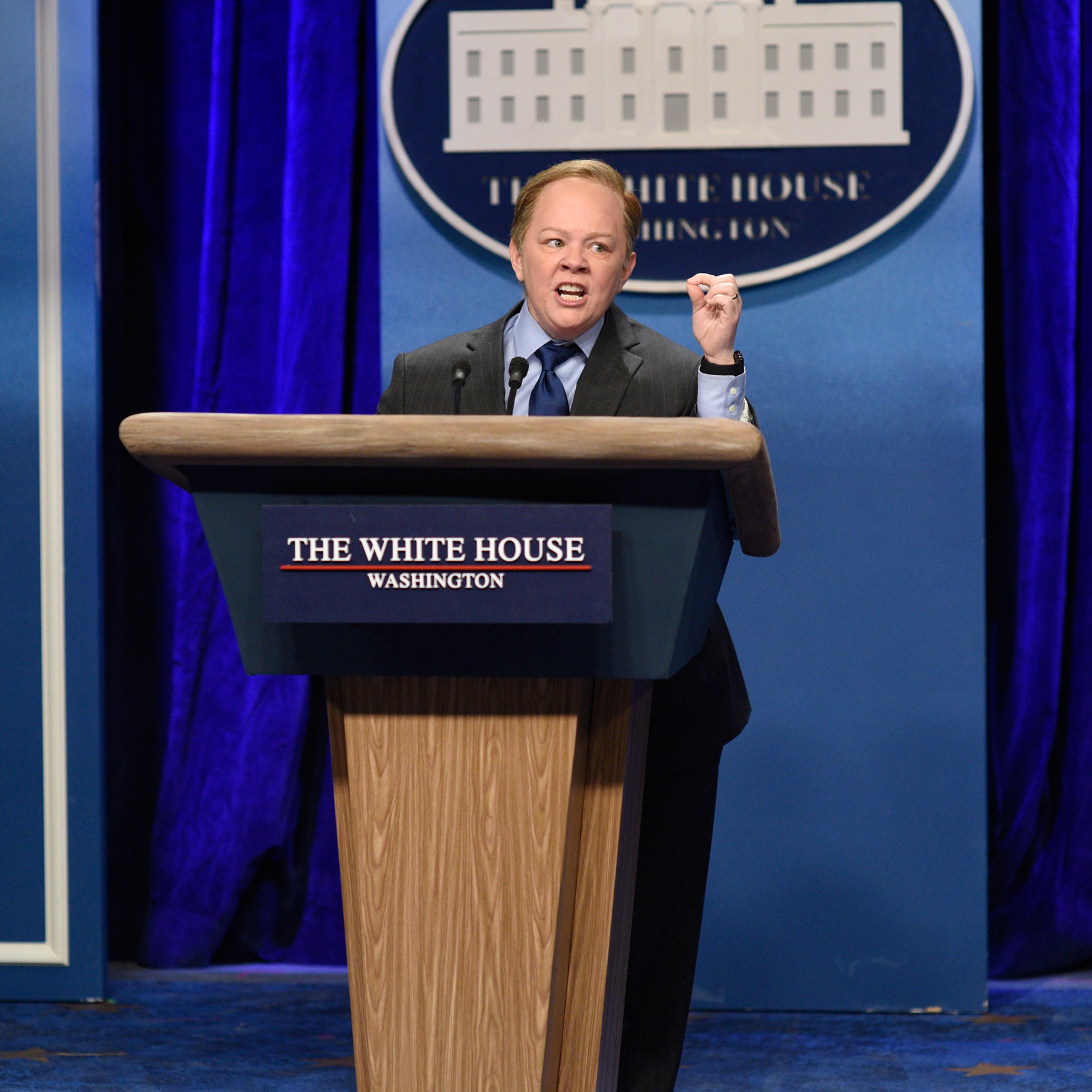 SATURDAY NIGHT LIVE -- "Kristen Stewart" Episode 1717 -- Pictured: Melissa McCarthy as Press Secretary Sean Spicer during the "Sean Spicer Press Conference" sketch on February 4th, 2017 -- (Photo by: Will Heath/NBC/NBCU Photo Bank via Getty Images)
