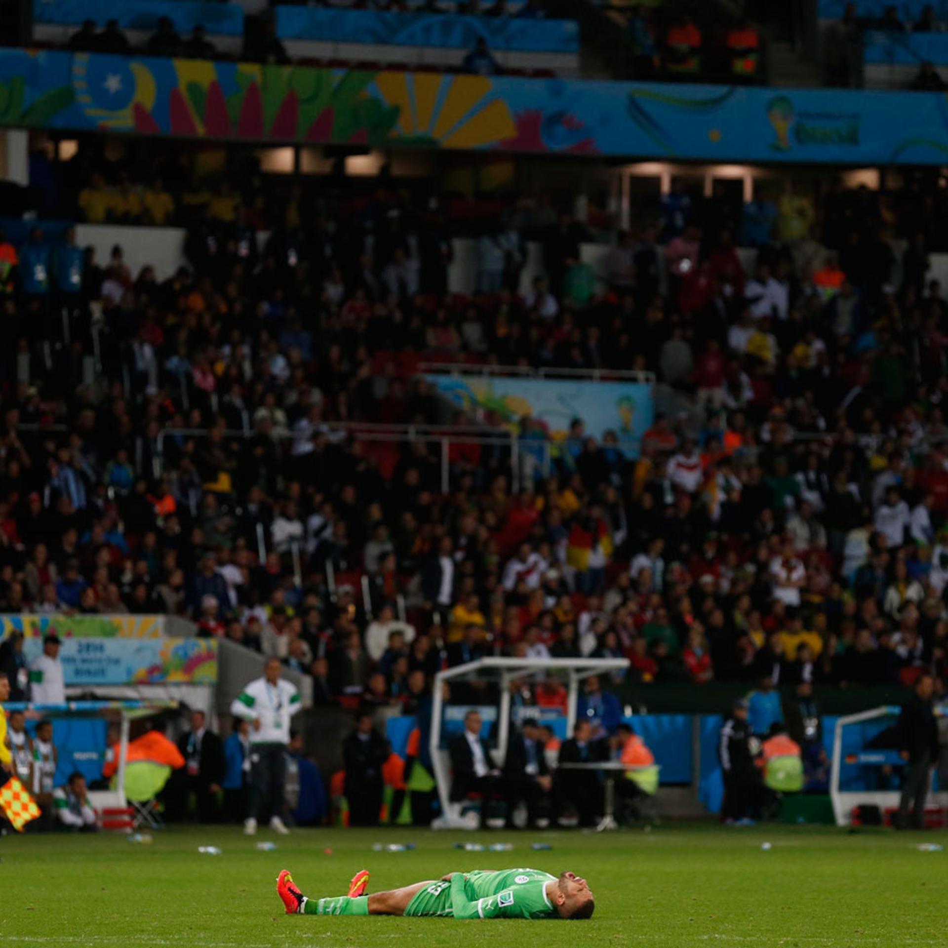 Algeria's Islam Slimani reacts to their loss at the Beira Rio stadium in Porto Alegre, Brazil on June 30, 2014.
