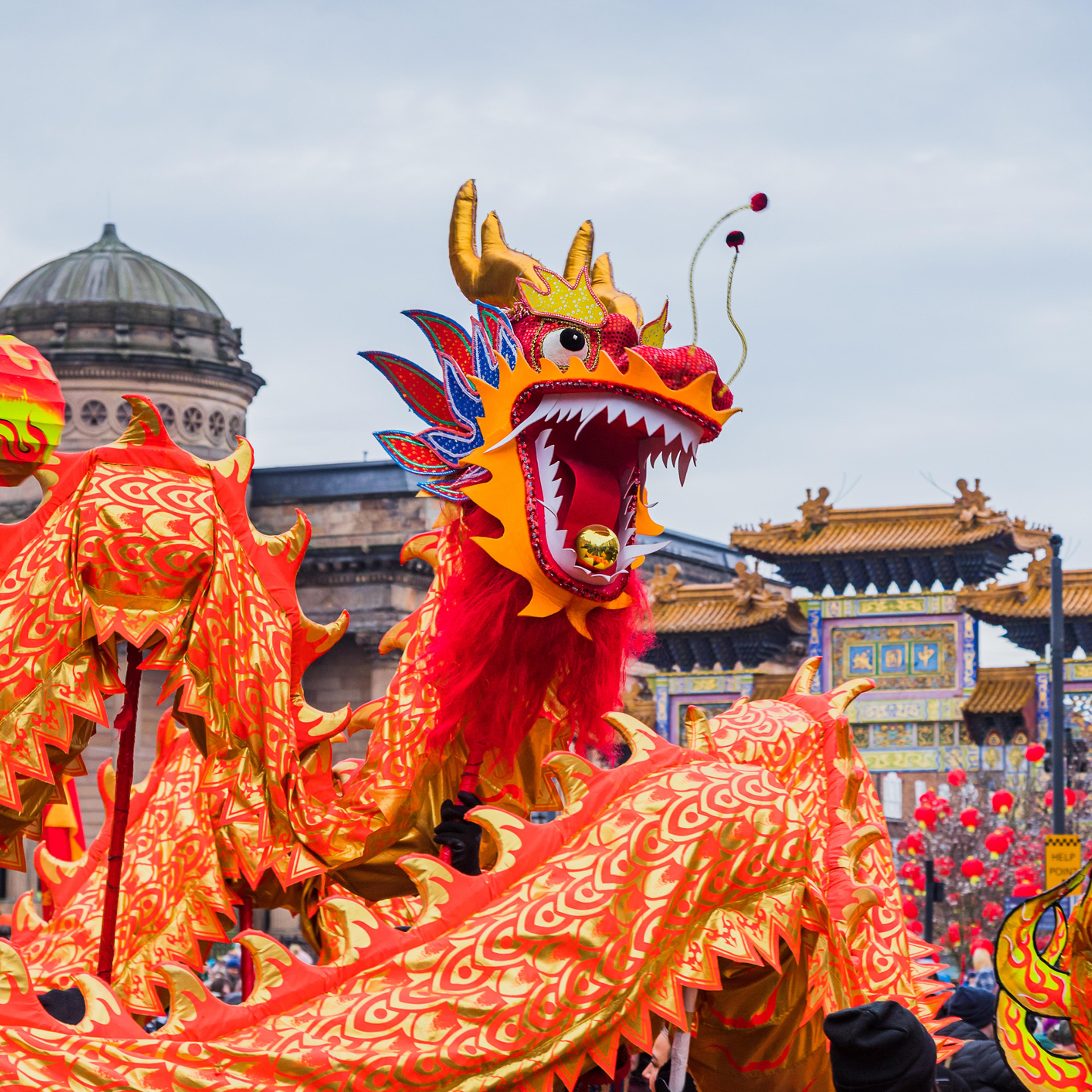 Dragon dance in Liverpool Chinatown