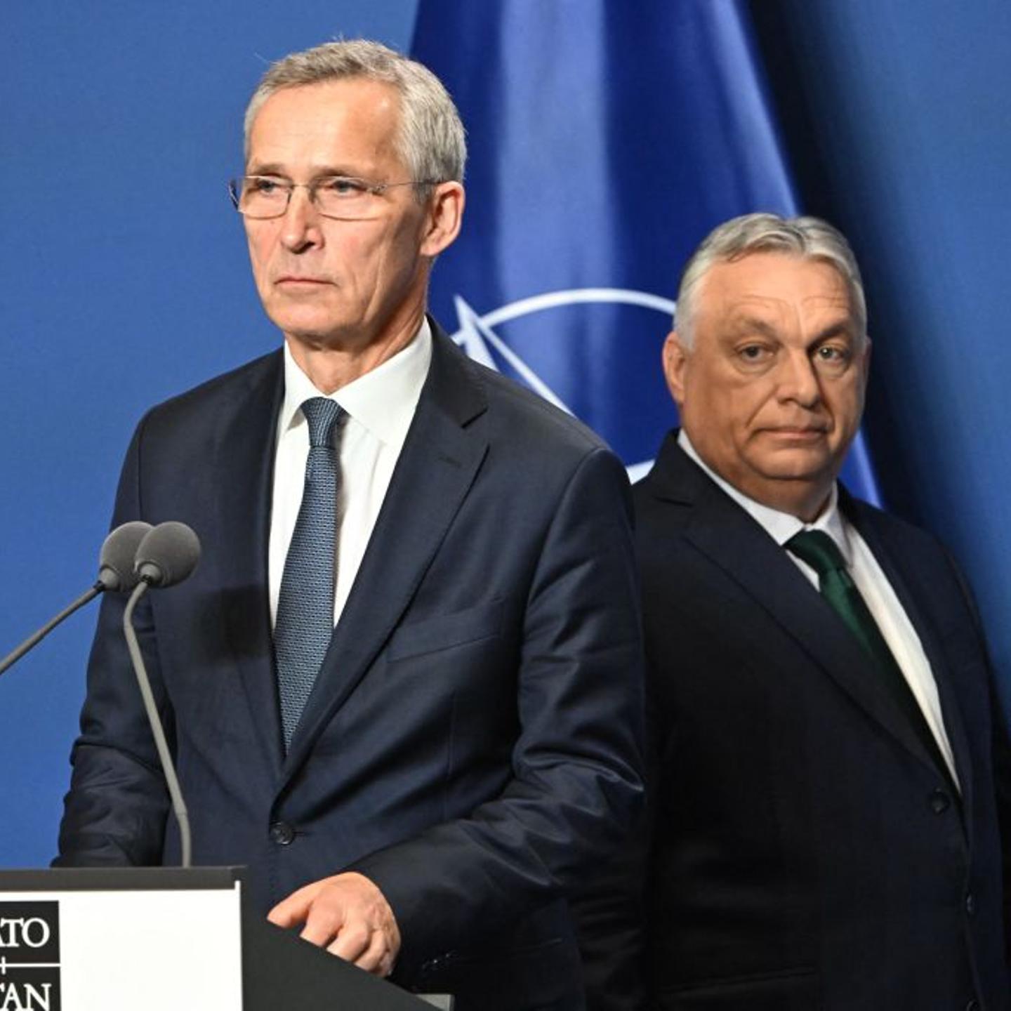 NATO Secretary General Jens Stoltenberg and Hungarian Prime Minister Viktor Orban and arrive to a joint press conference in Karmelita monastery, the Prime Minister's office in Budapest on June 12, 2024.