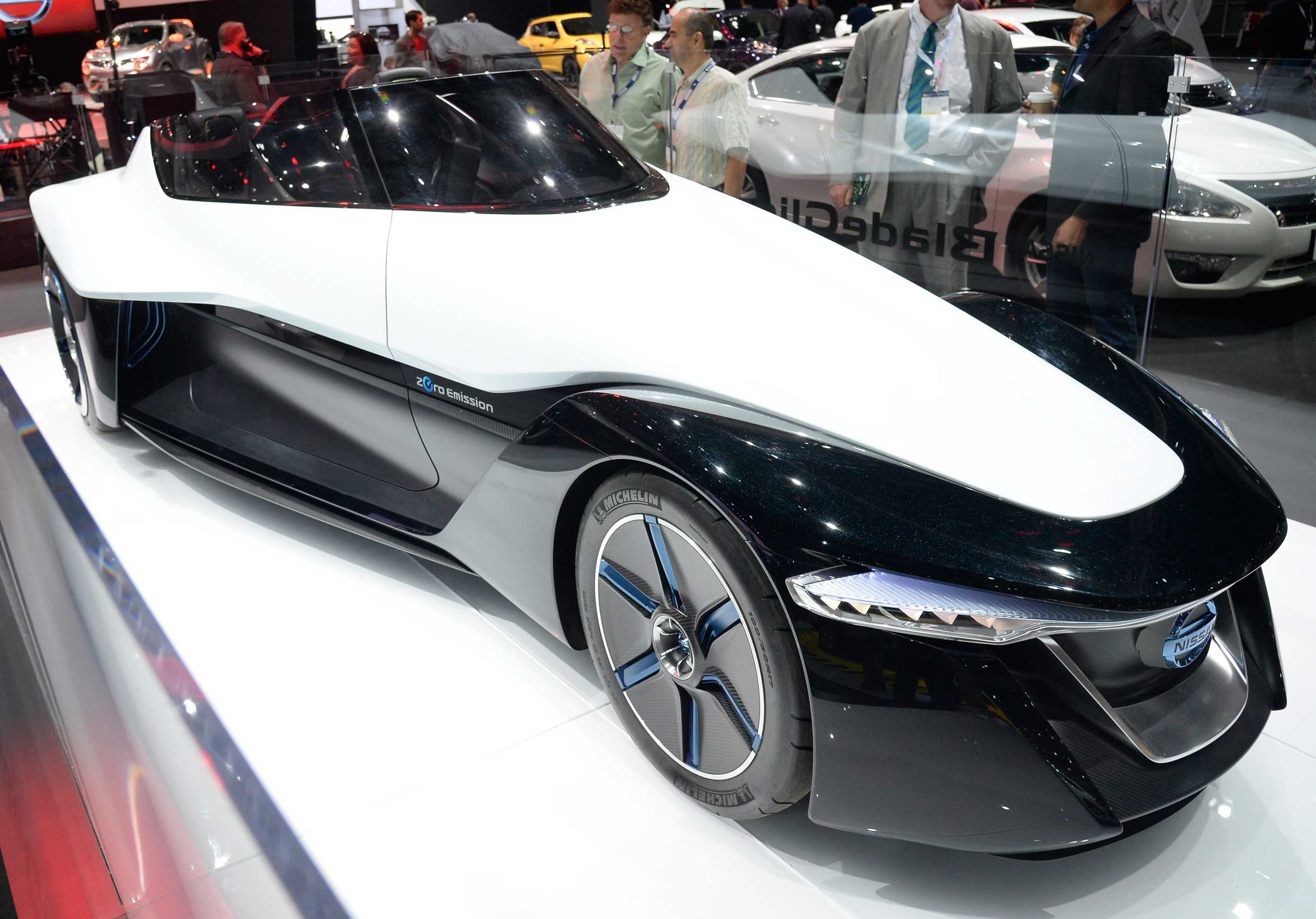 Nissan shows their BladeGlider concept car on display during day 2 of media day at the LA Auto show on Nov. 19, 2014.