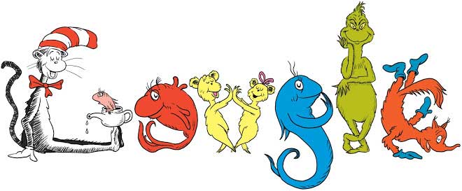March 2, 2009 The doodlers arranged classic Dr. Seuss characters, like the Cat in the Hat and the Grinch, to form the logo's letters.