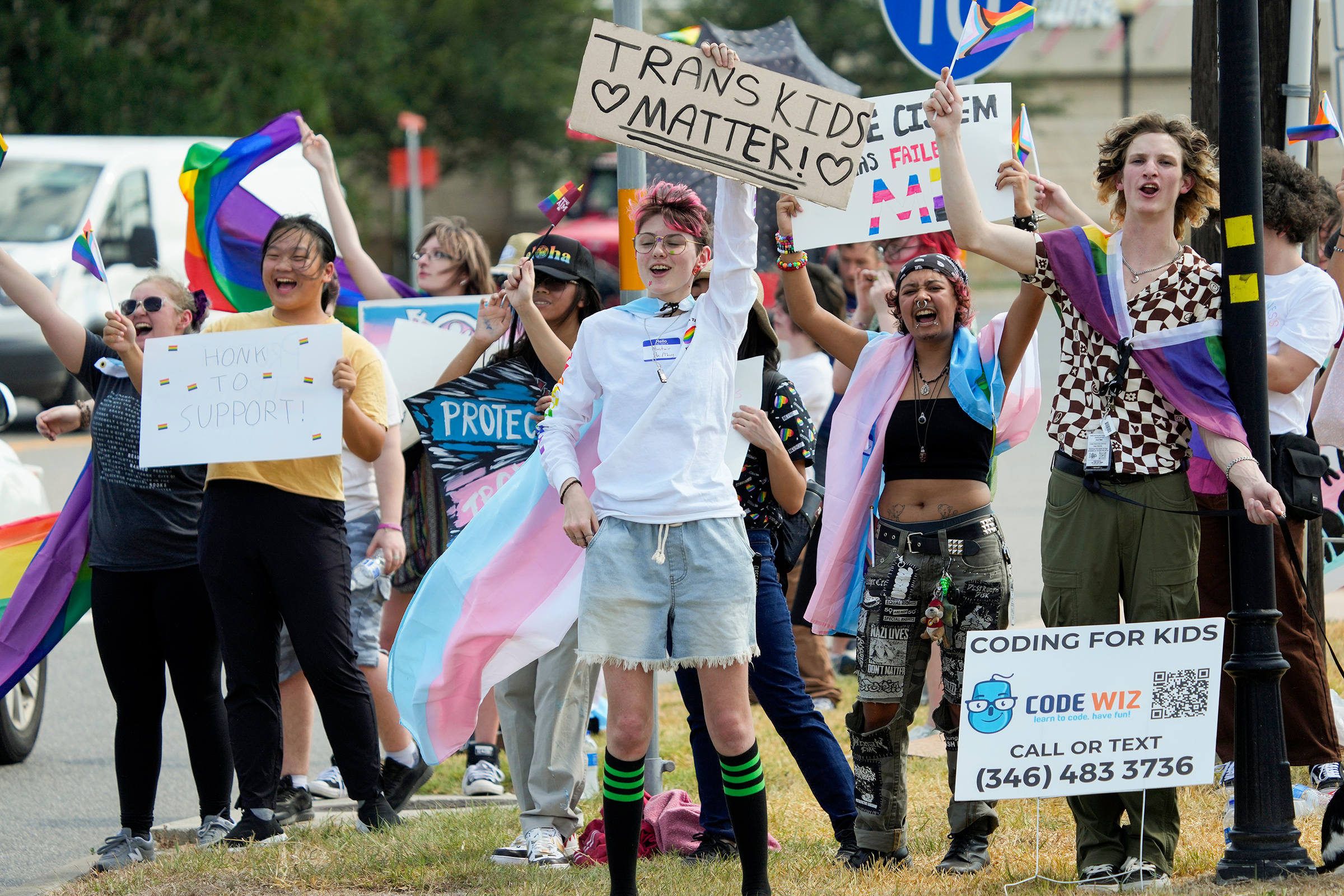 Students protest against Katy Independent School District's new transgender policy on Wednesday, Aug. 30, 2023 in Katy, TX. 