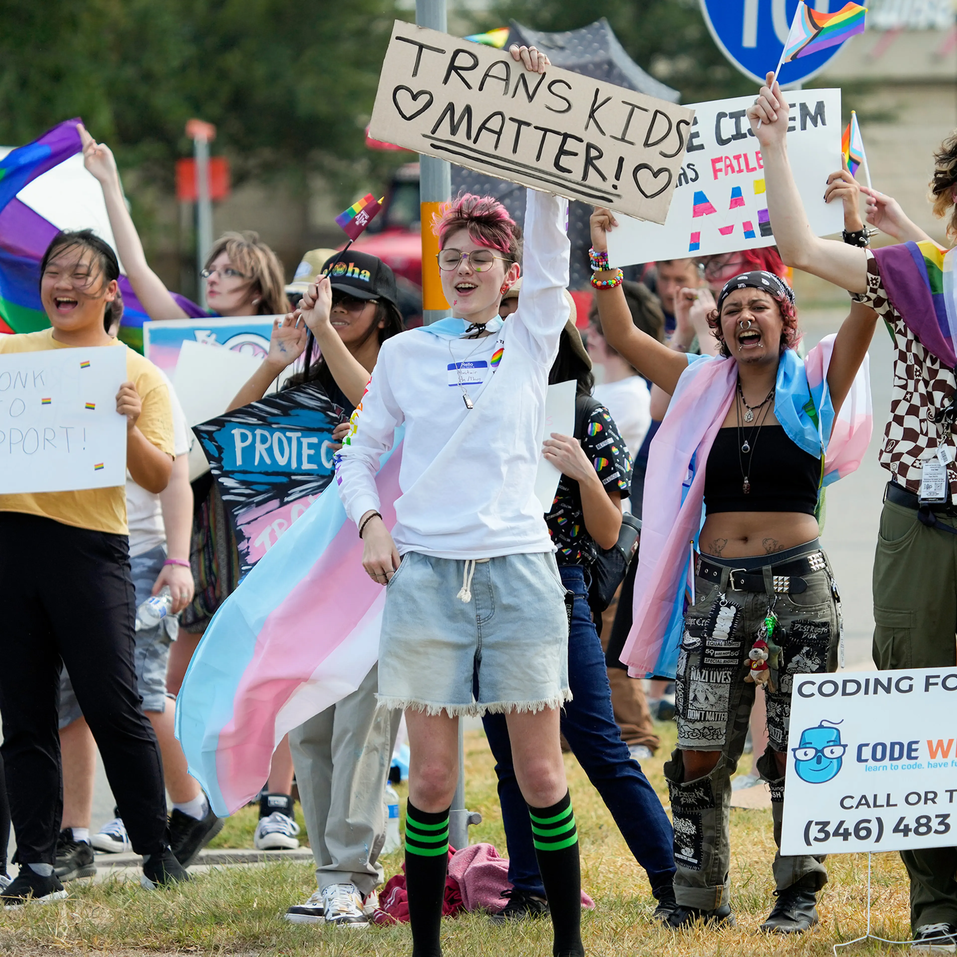 Students protest against Katy Independent School District's new transgender policy on Wednesday, Aug. 30, 2023 in Katy, TX.