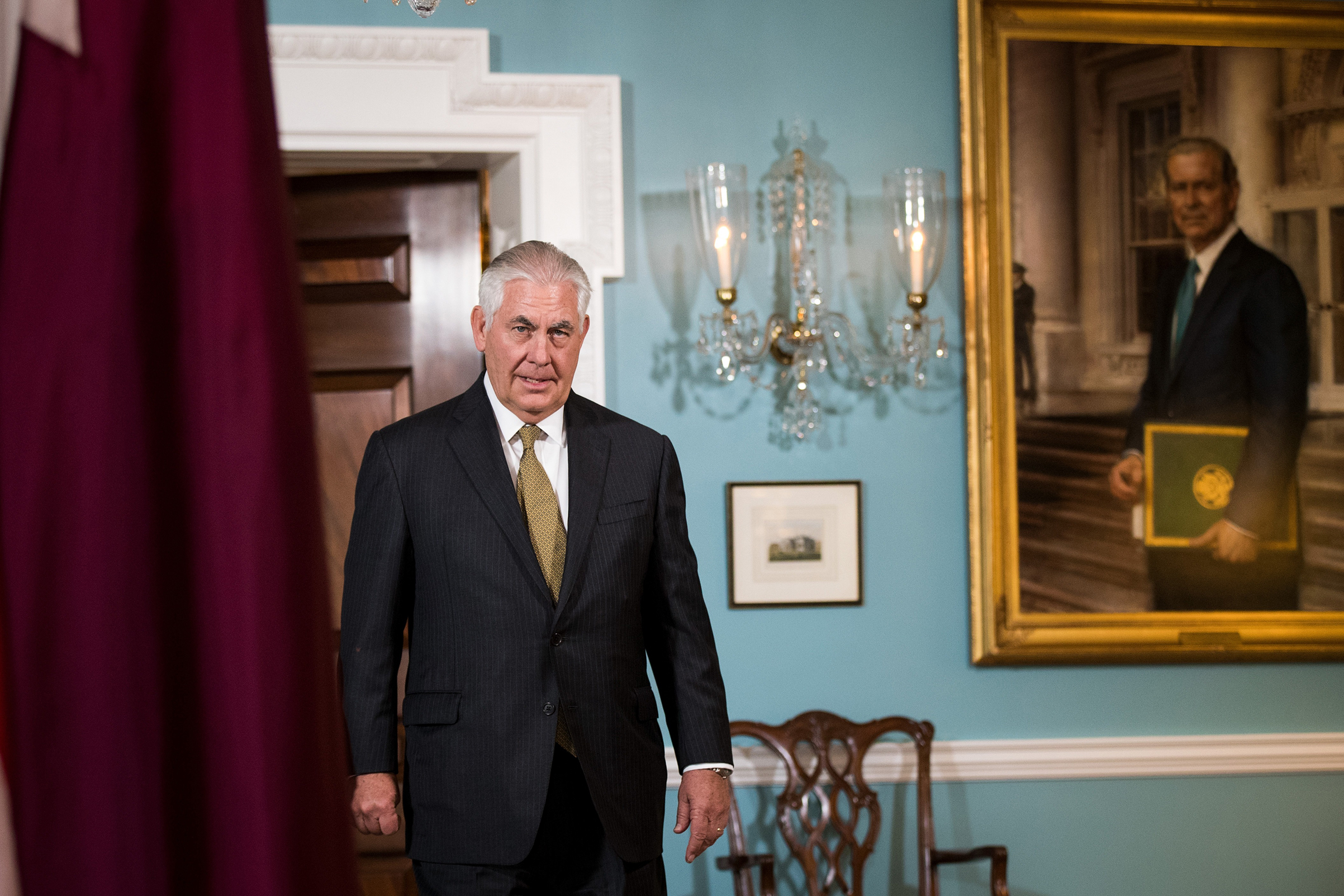 Secretary of State Rex Tillerson exits a brief media availability before his meeting with Qatari Foreign Minister Sheikh Mohammed Bin Abdulrahman Al Thani at the State Department, July 26, 2017 in Washington. When prompted by a reporter's question, Tille