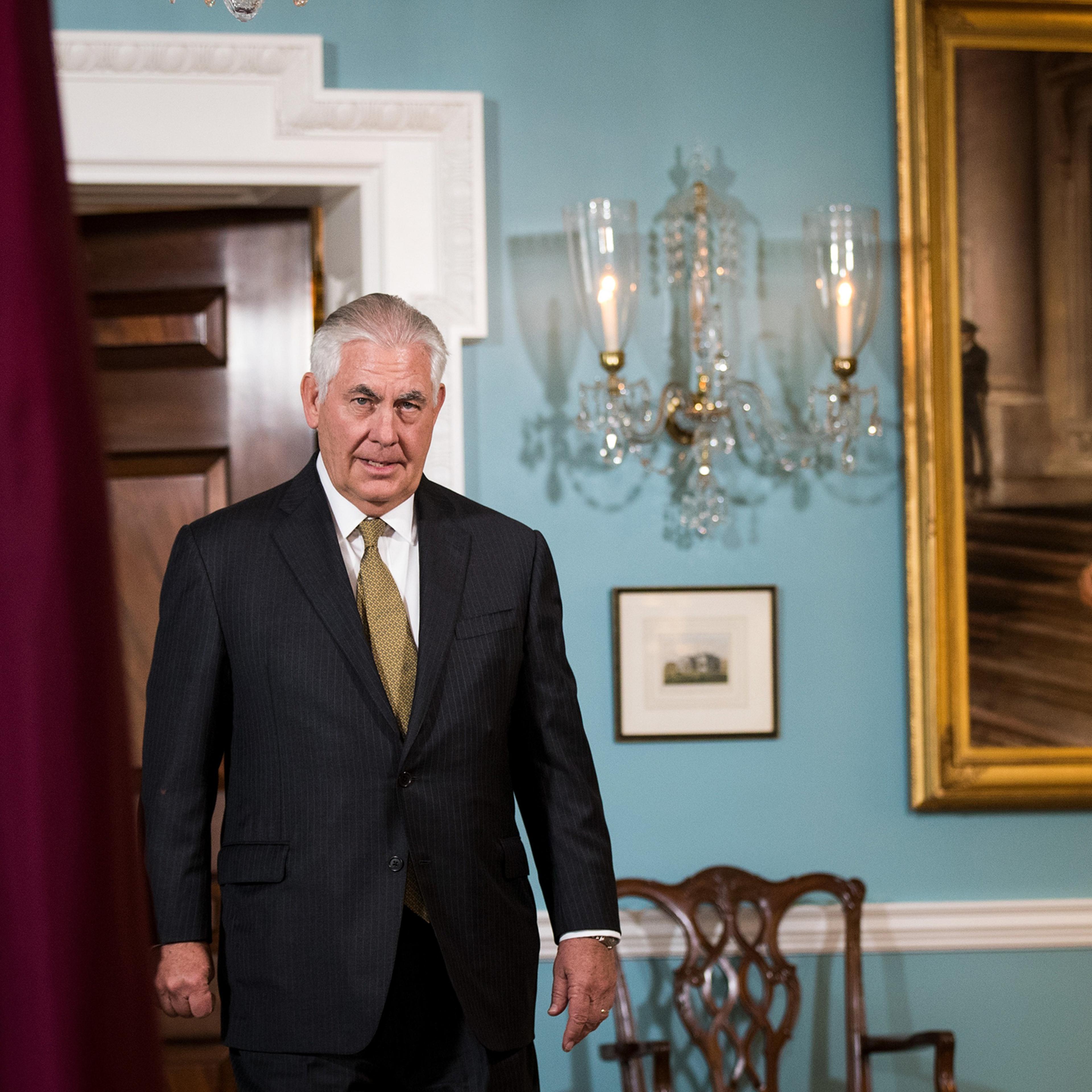 Secretary of State Rex Tillerson exits a brief media availability before his meeting with Qatari Foreign Minister Sheikh Mohammed Bin Abdulrahman Al Thani at the State Department, July 26, 2017 in Washington. When prompted by a reporter's question, Tille