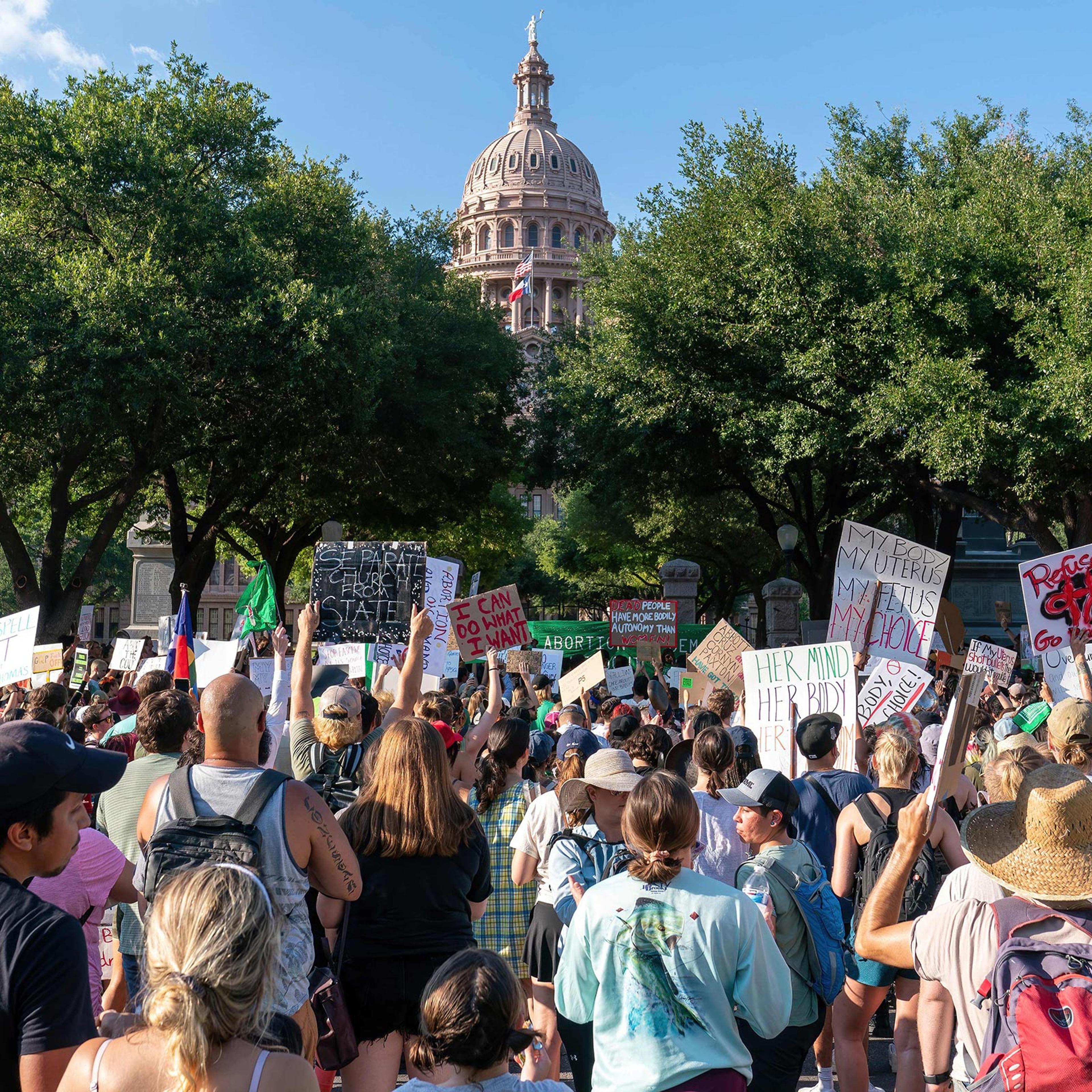 Abortion rights demonstrators gather near the State Capitol in Austin, Texas, June 25, 2022.