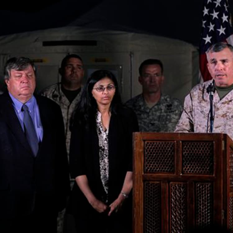 Lt. Gen. John E. Wissler, right, speaks during a press meet in Kathmandu