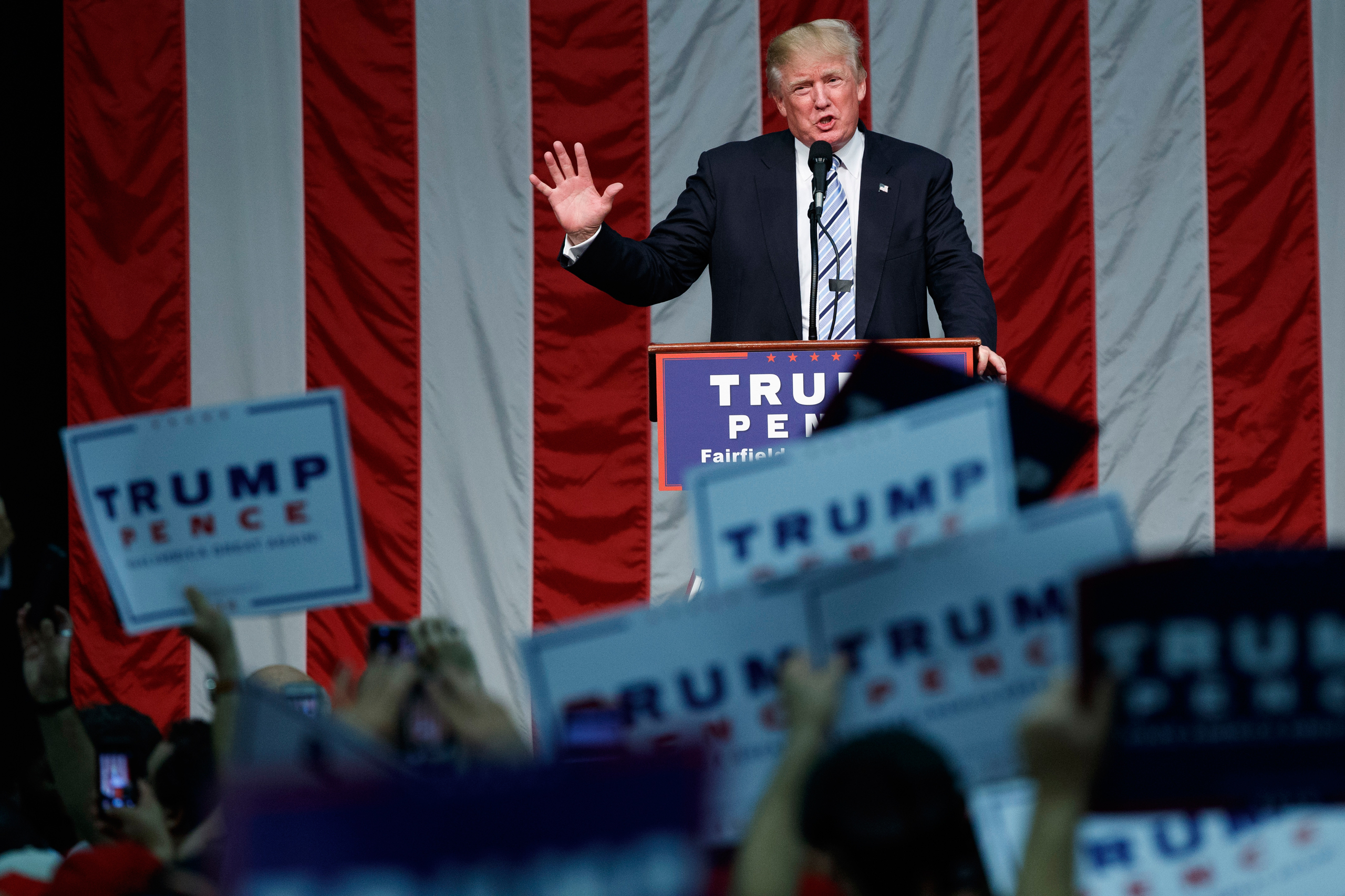 Republican presidential candidate Donald Trump speaks during a campaign rally at Sacred Heart University, Saturday, Aug. 13, 2016, in Fairfield, Conn. (AP Photo/Evan Vucci)