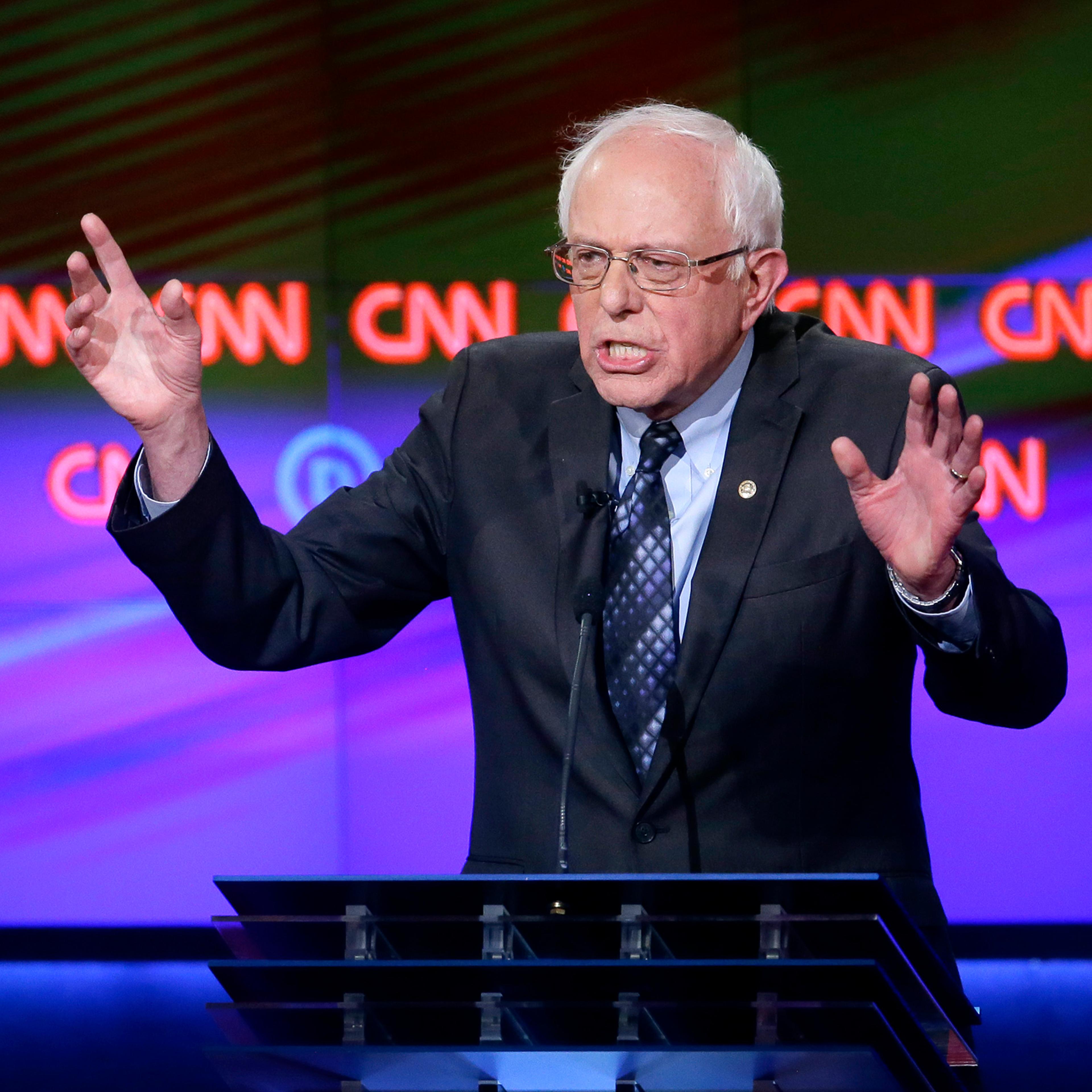 Sen. Bernie Sanders makes a point during a Democratic presidential primary debate at the University of Michigan-Flint in Flint, Mich. on March 6, 2016.