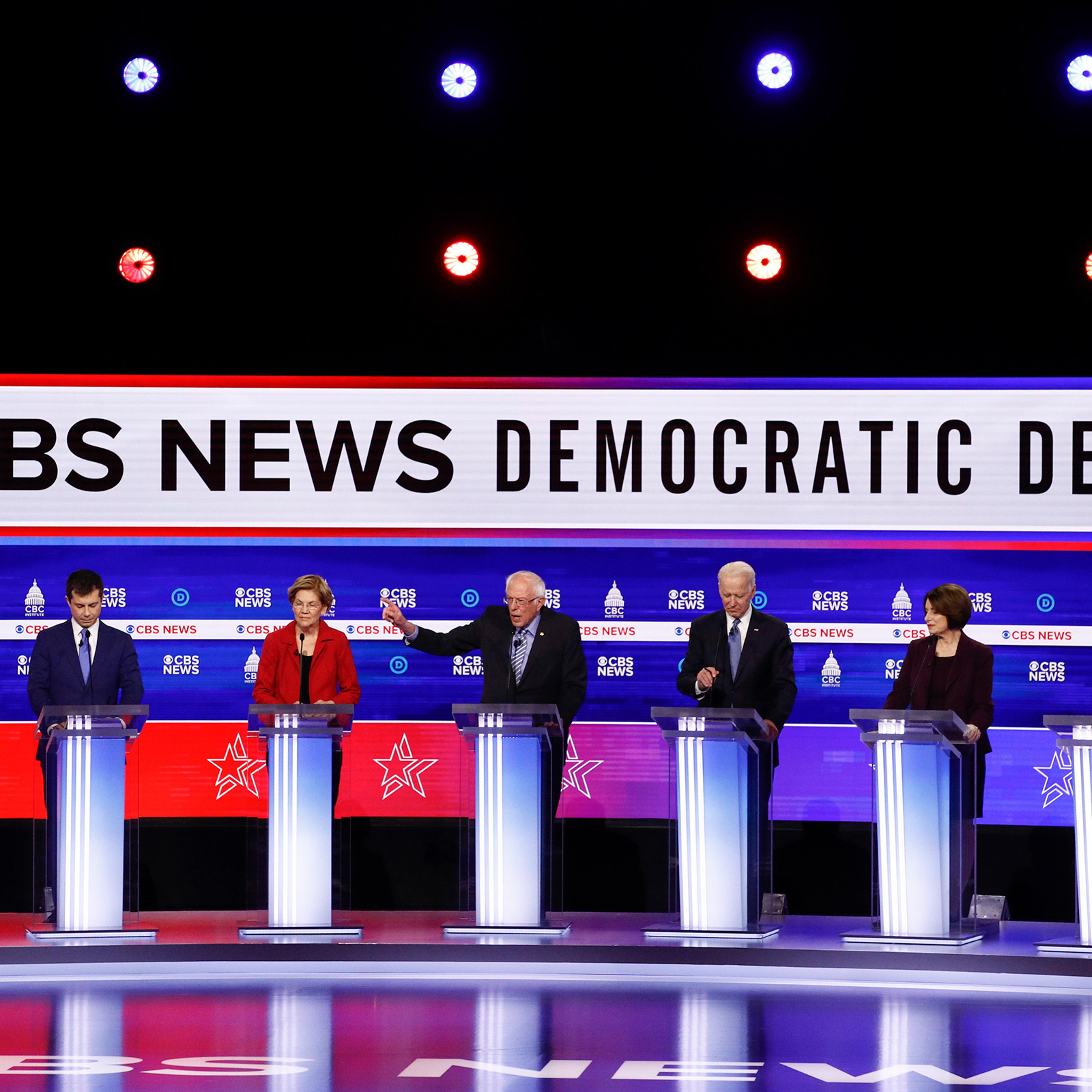 From left, Democratic presidential candidates, former New York City Mayor Mike Bloomberg, former South Bend Mayor Pete Buttigieg, Sen. Elizabeth Warren, D-Mass., Sen. Bernie Sanders, I-Vt., former Vice President Joe Biden, Sen. Amy Klobuchar, D-Minn., an