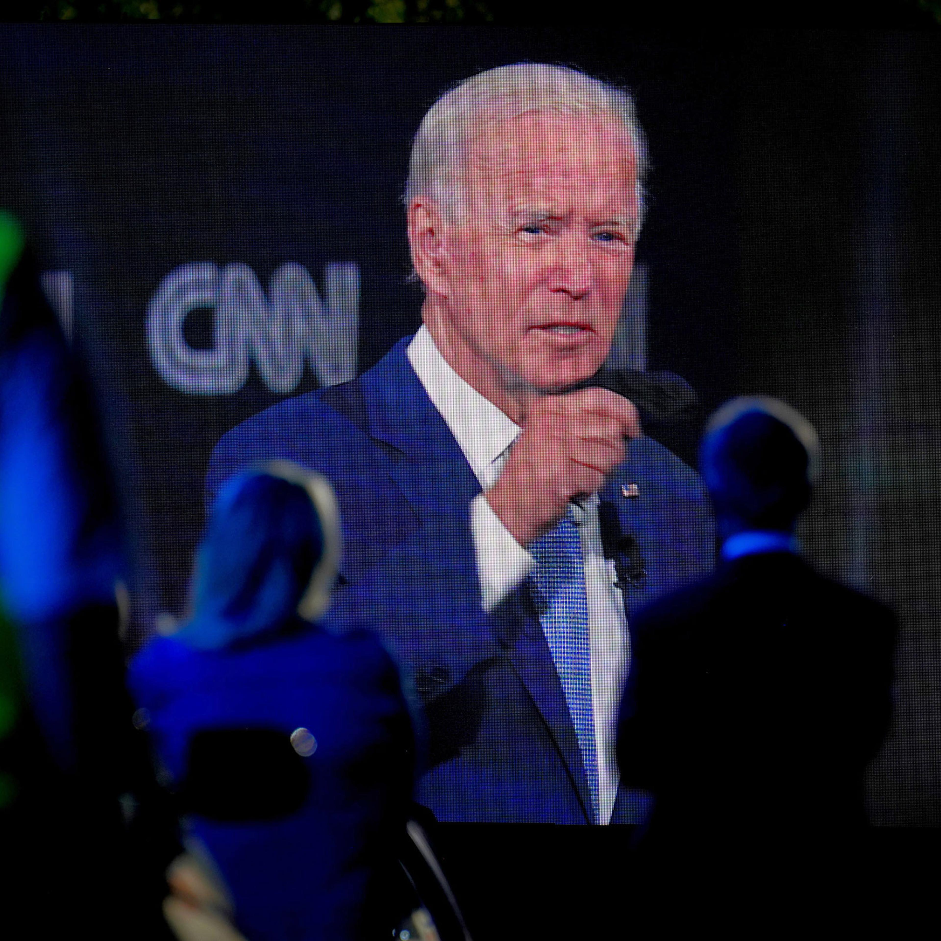 Democratic presidential nominee Joe Biden appears via video at a CNN town hall-style campaign event in Scranton, Pa., Sept. 17, 2020. (Erin Schaff/The New York Times)