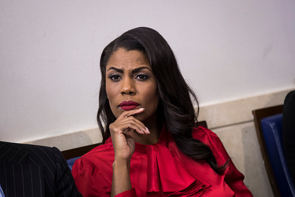Former Director of Communications for the White House Public Liaison Office Omarosa Manigault listens during the daily press briefing at the White House, October 27, 2017 in Washington, DC.