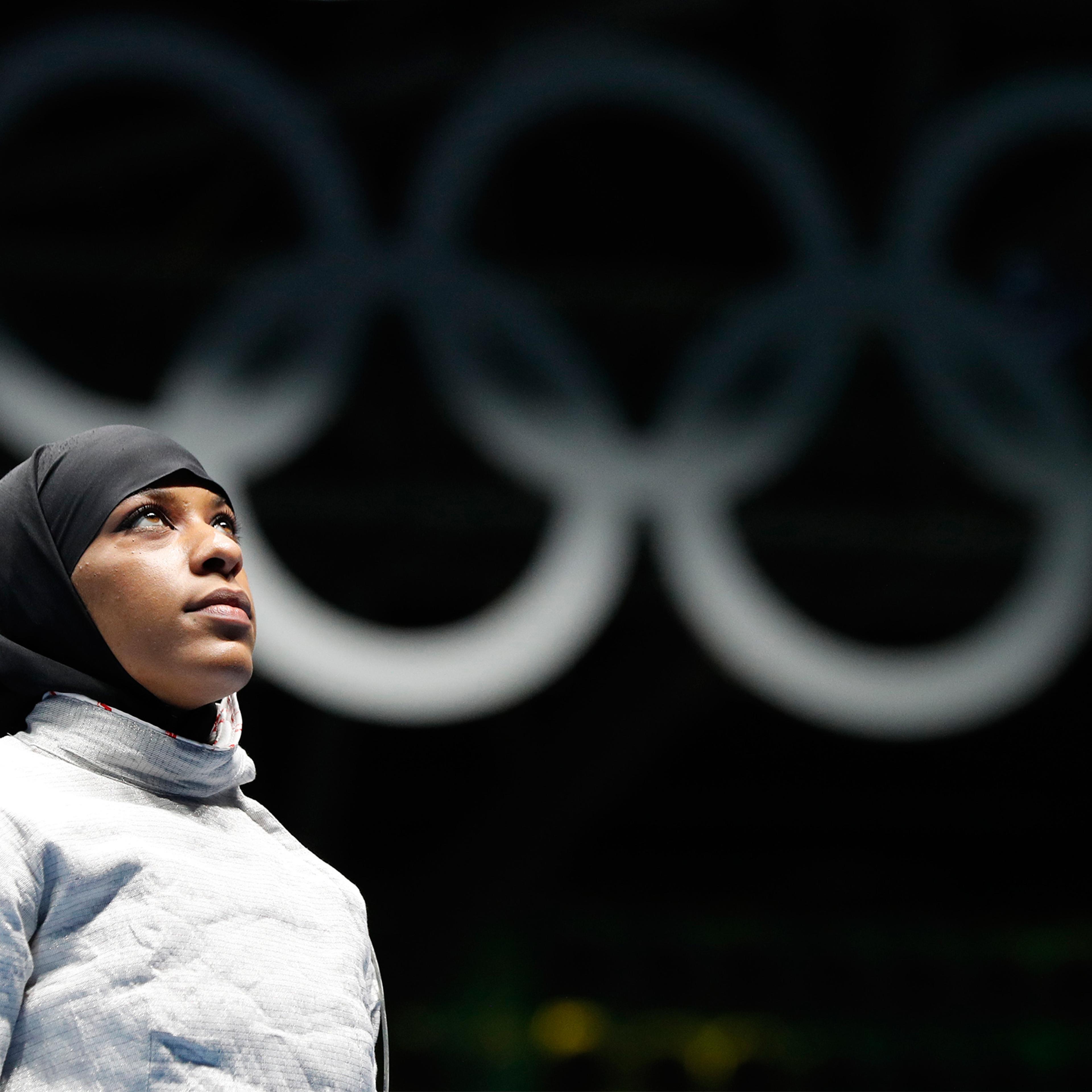 Ibtihaj Muhammad waits for a match against Olena Kravatska of Ukraine, in the women's saber individual fencing event at the Summer Olympics in Rio de Janeiro on Aug. 8, 2016.