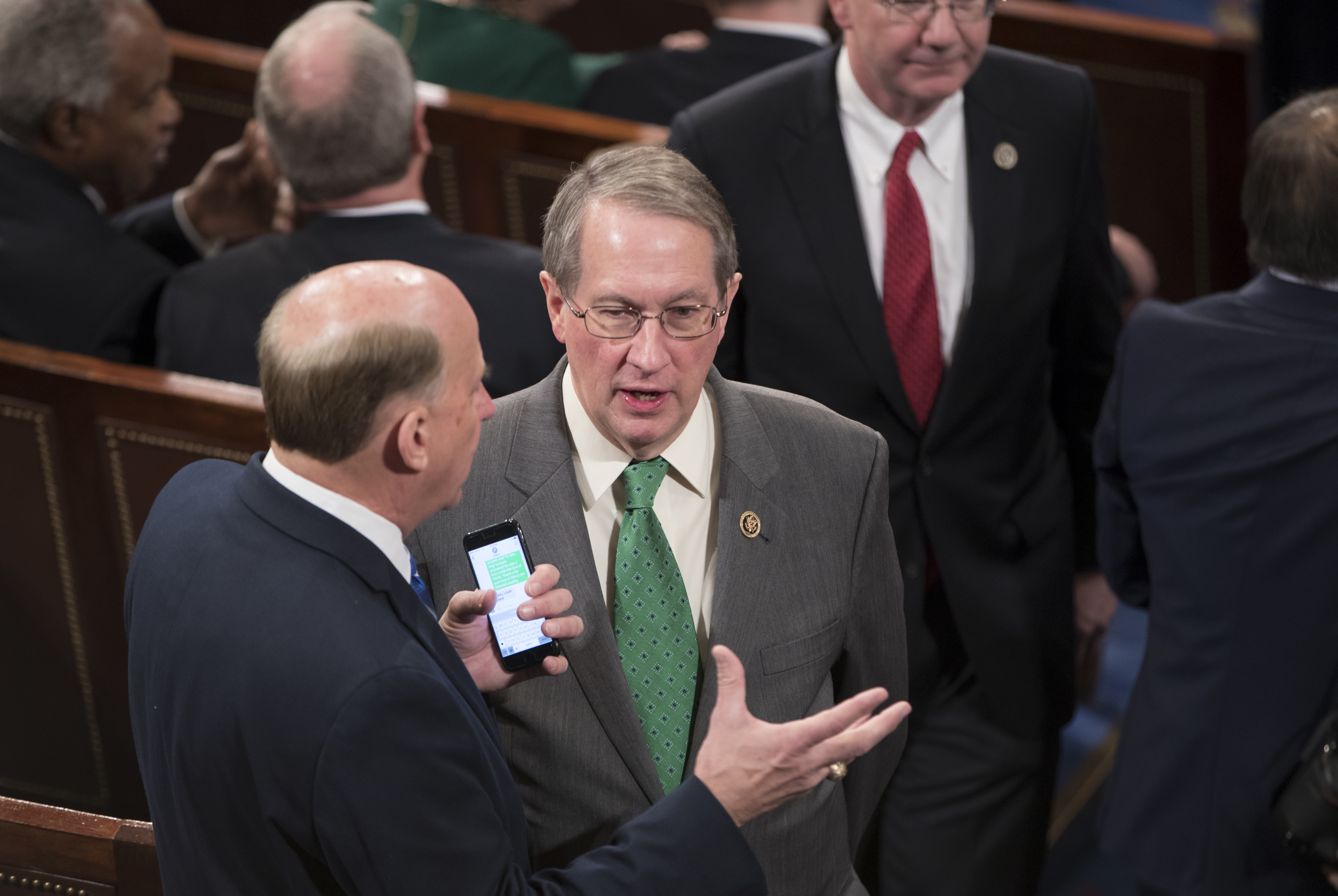 Rep. Louie Gohmert, R-Texas, left, talks with Rep. Bob Goodlatte, R-Va., in the House Chamber on Capitol Hill in Washington, D.C., on Jan. 3, 2017.