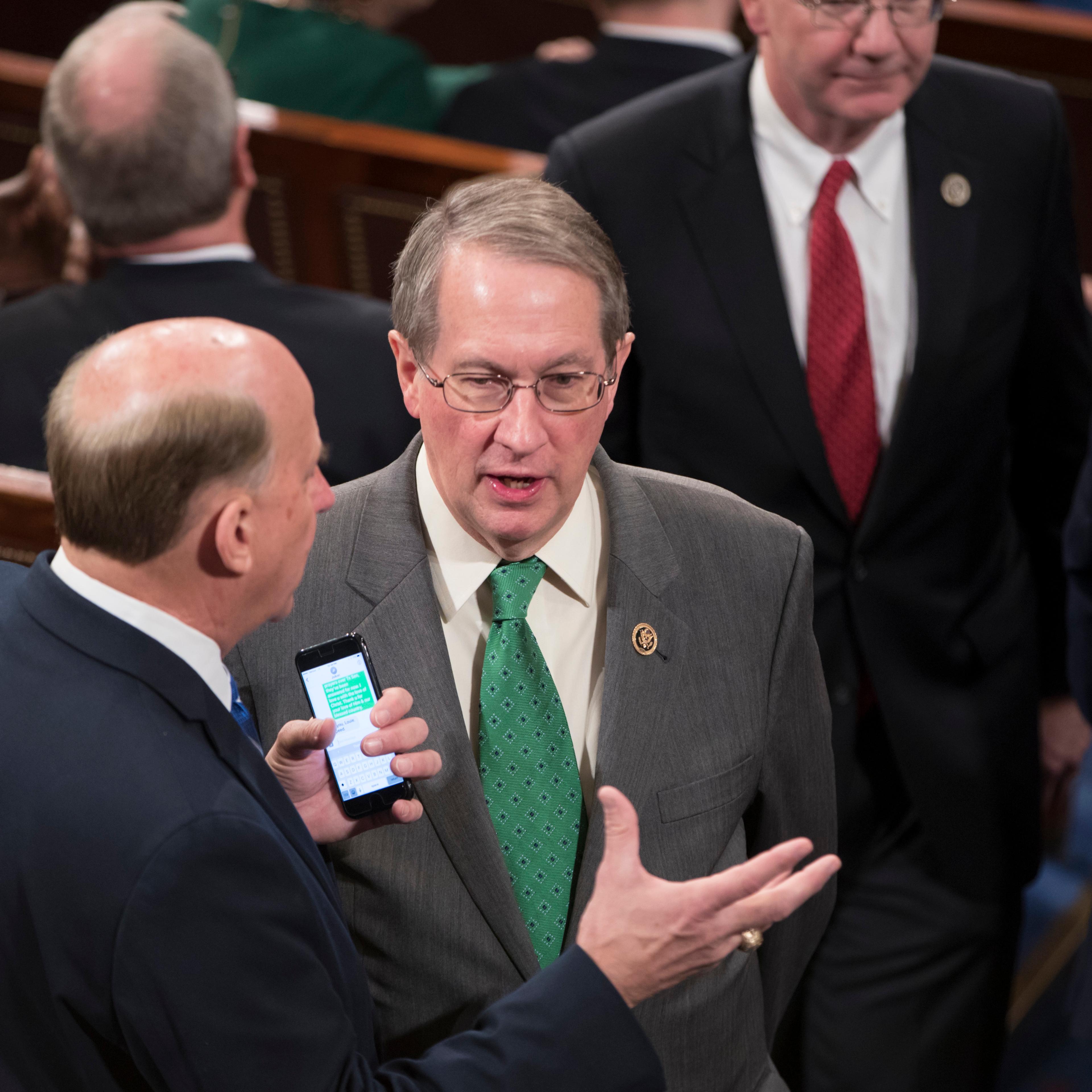 Rep. Louie Gohmert, R-Texas, left, talks with Rep. Bob Goodlatte, R-Va., in the House Chamber on Capitol Hill in Washington, D.C., on Jan. 3, 2017.
