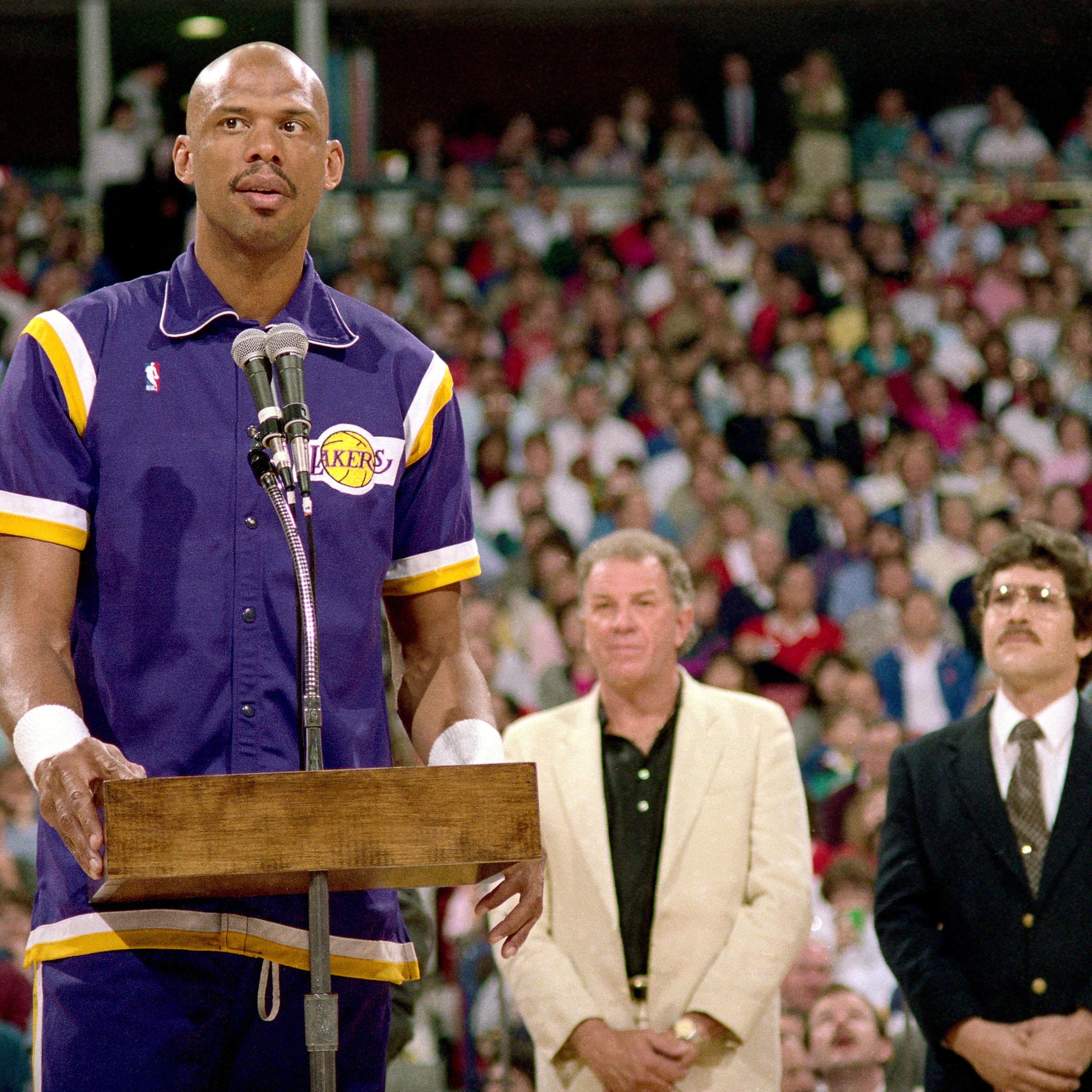 Kareem Abdul Jabbar of the Los Angeles Lakers addresses the crowd during a game played on March 23, 1989 at Arco Arena in Sacramento, California.