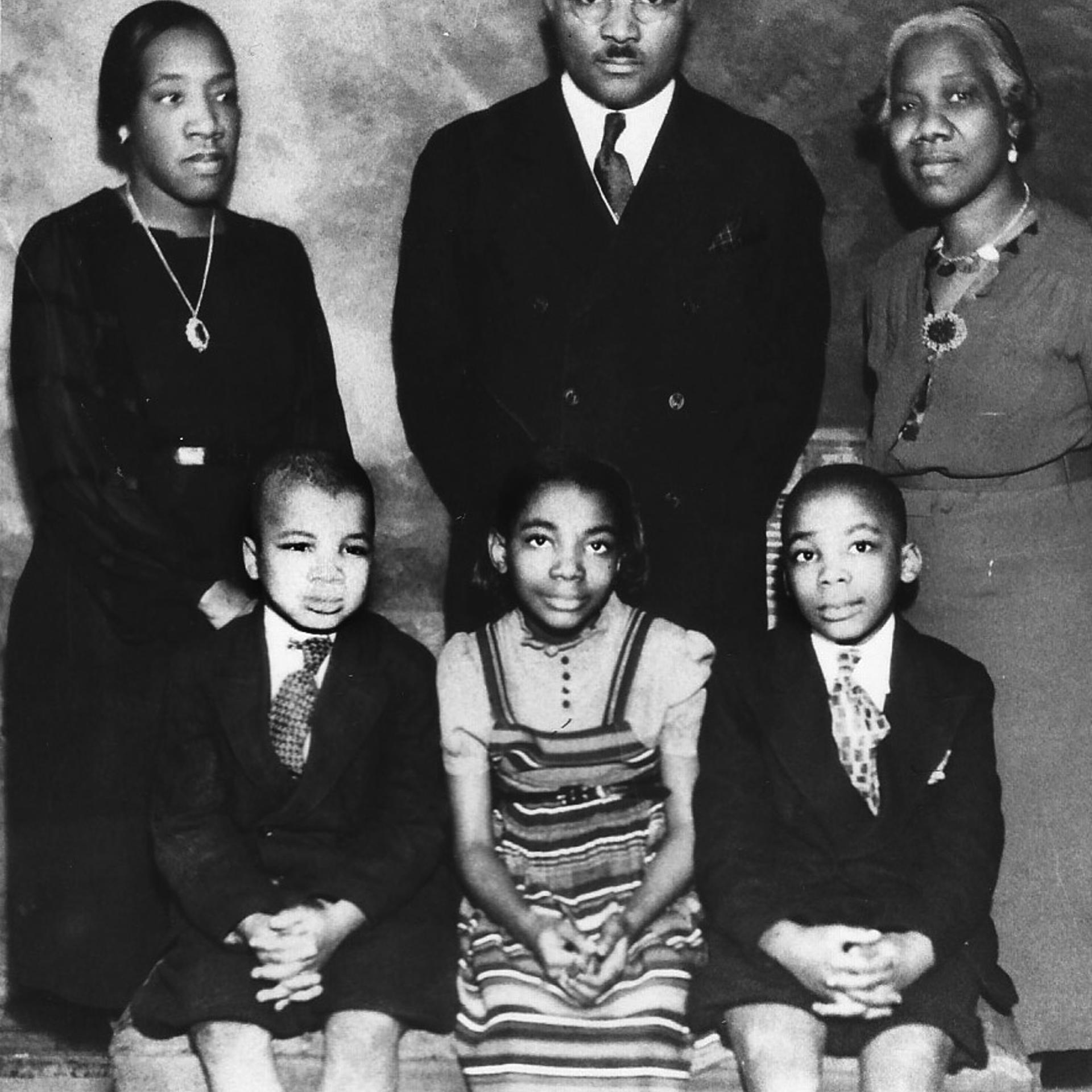 A family portrait of the Kings, taken in 1939. Clockwise: King, Sr.; mother-in-law, Mrs. Jeannie C. Parks Williams; son Martin Luther, Jr.; daughter, Christine; younger son, Alfred Daniel, and wife, Alberta Williams King.