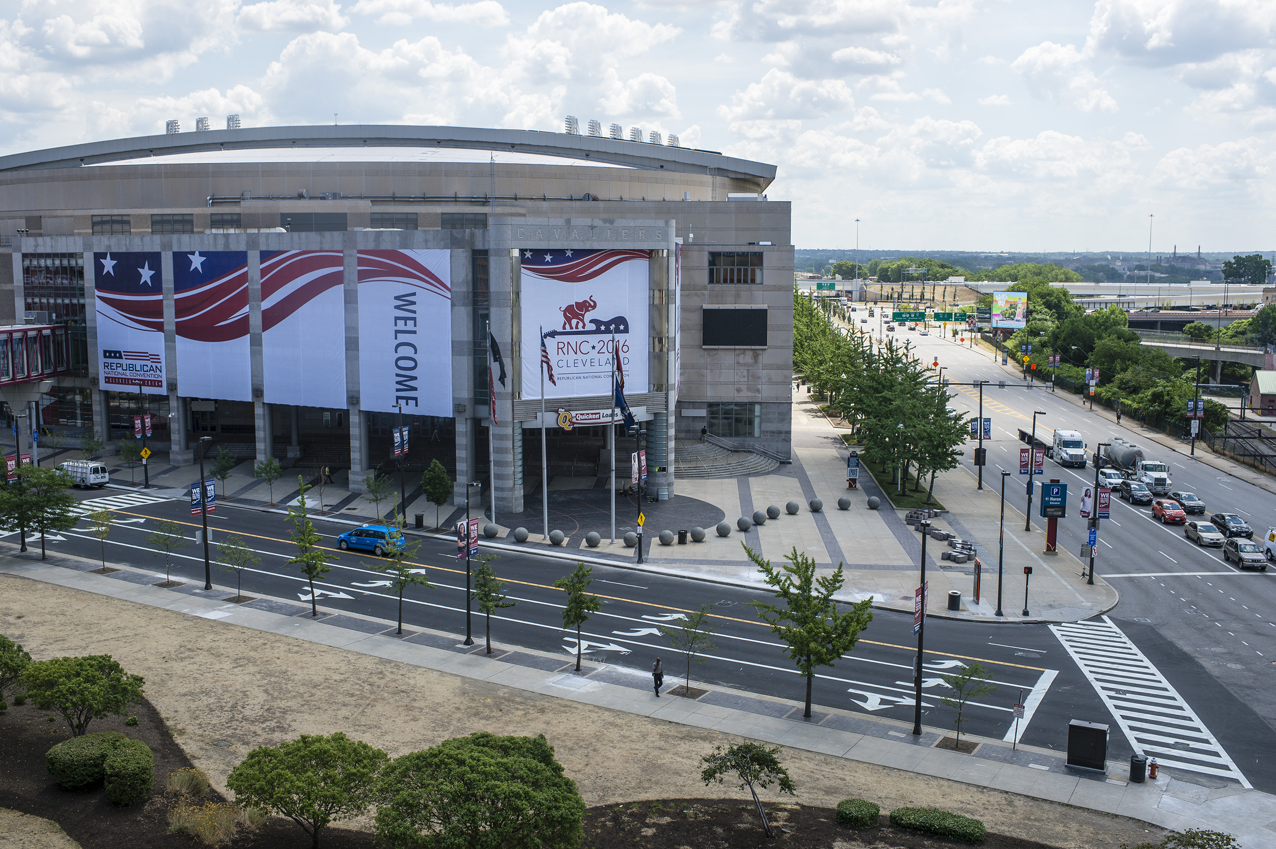 Quicken Loans Arena is decorated to welcome the Republican National Convention in Cleveland, Ohio, on July 11, 2016.
