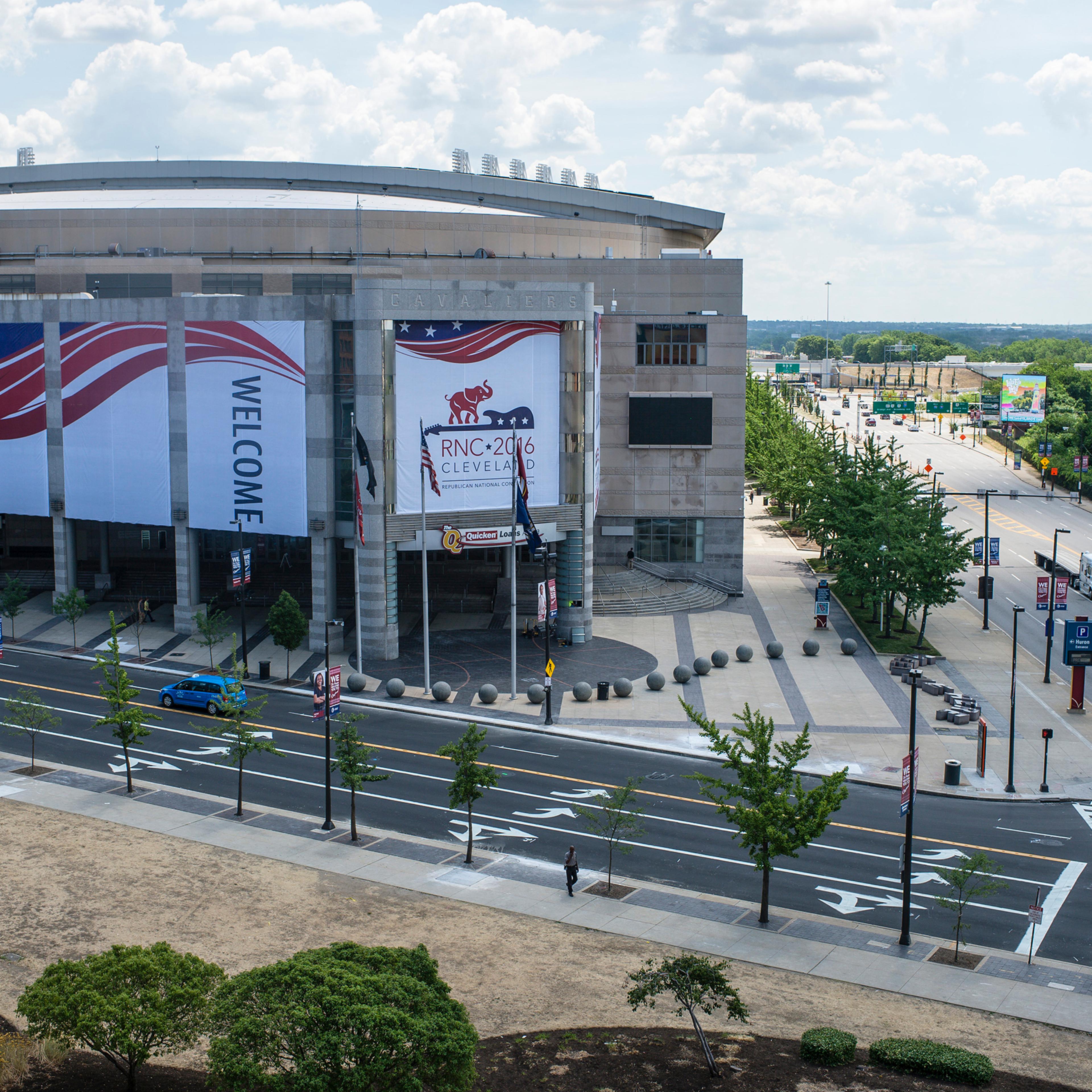 Quicken Loans Arena is decorated to welcome the Republican National Convention in Cleveland, Ohio, on July 11, 2016.