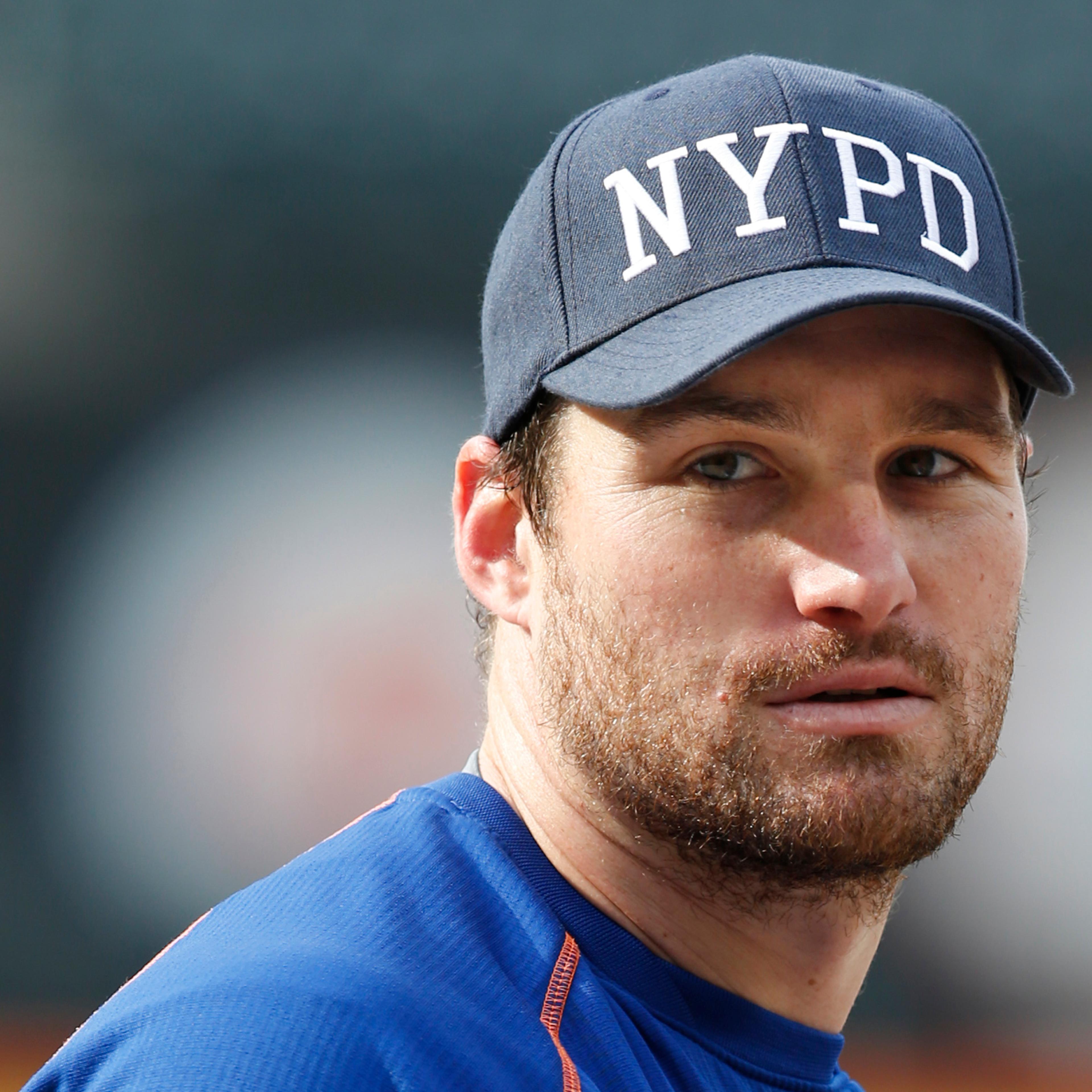 New York Mets Daniel Murphy wears a New York Police Department hat, May 5, 2015