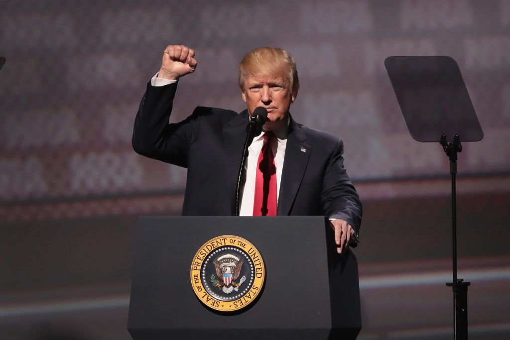 ATLANTA, GA - APRIL 28:  President Donald Trump speaks at the NRA-ILA's Leadership Forum at the 146th NRA Annual Meetings &amp; Exhibits on April 28, 2017 in Atlanta, Georgia. The convention is the largest annual gathering for the NRA's more than 5 milli