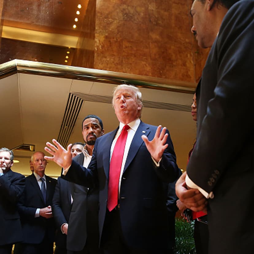 Republican presidential candidate Donald Trump greets members of the "National Diversity Coalition for Trump," a day ahead of New York primary on April 18, 2016 in New York City.