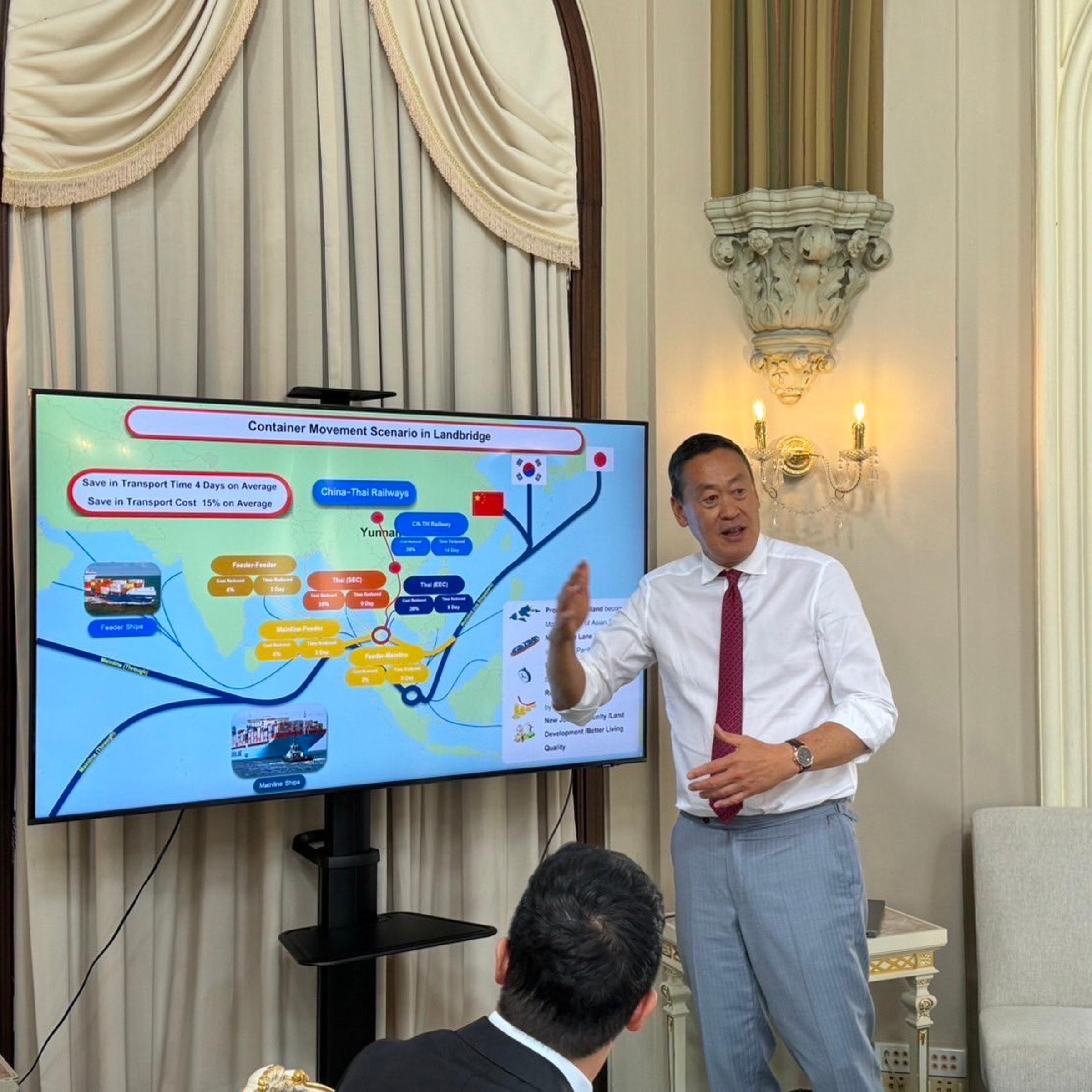 Thai Prime Minister Srettha Thavisin meets with Thai officials to discuss his pitch for the Landbridge infrastructure project, which he is bringing to the APEC summit in San Francisco