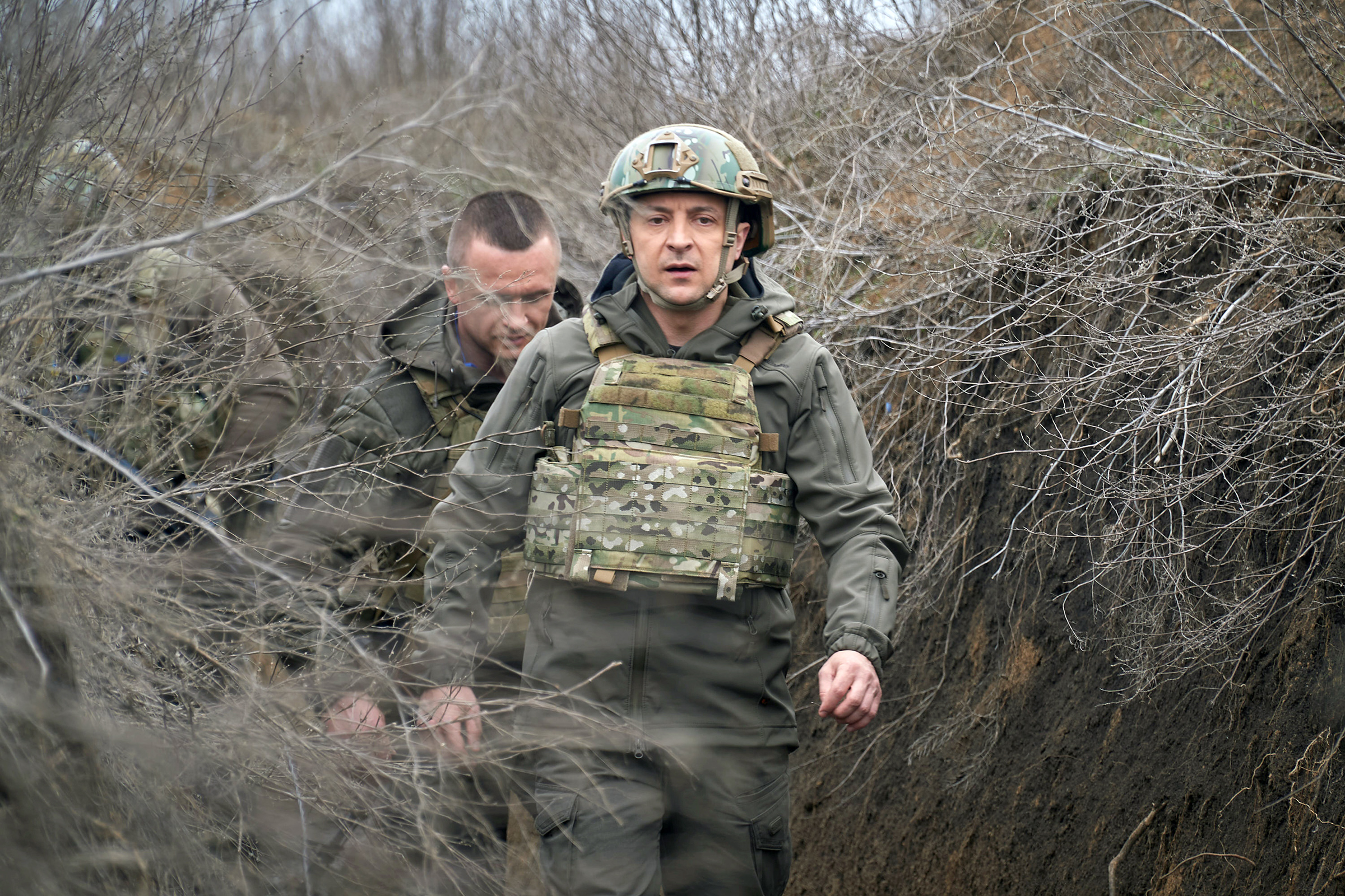 Ukraine's President Volodymyr Zelensky visits positions of armed forces near the frontline with Russian-backed separatists in Donbass region, Ukraine, on April 9, 2021.