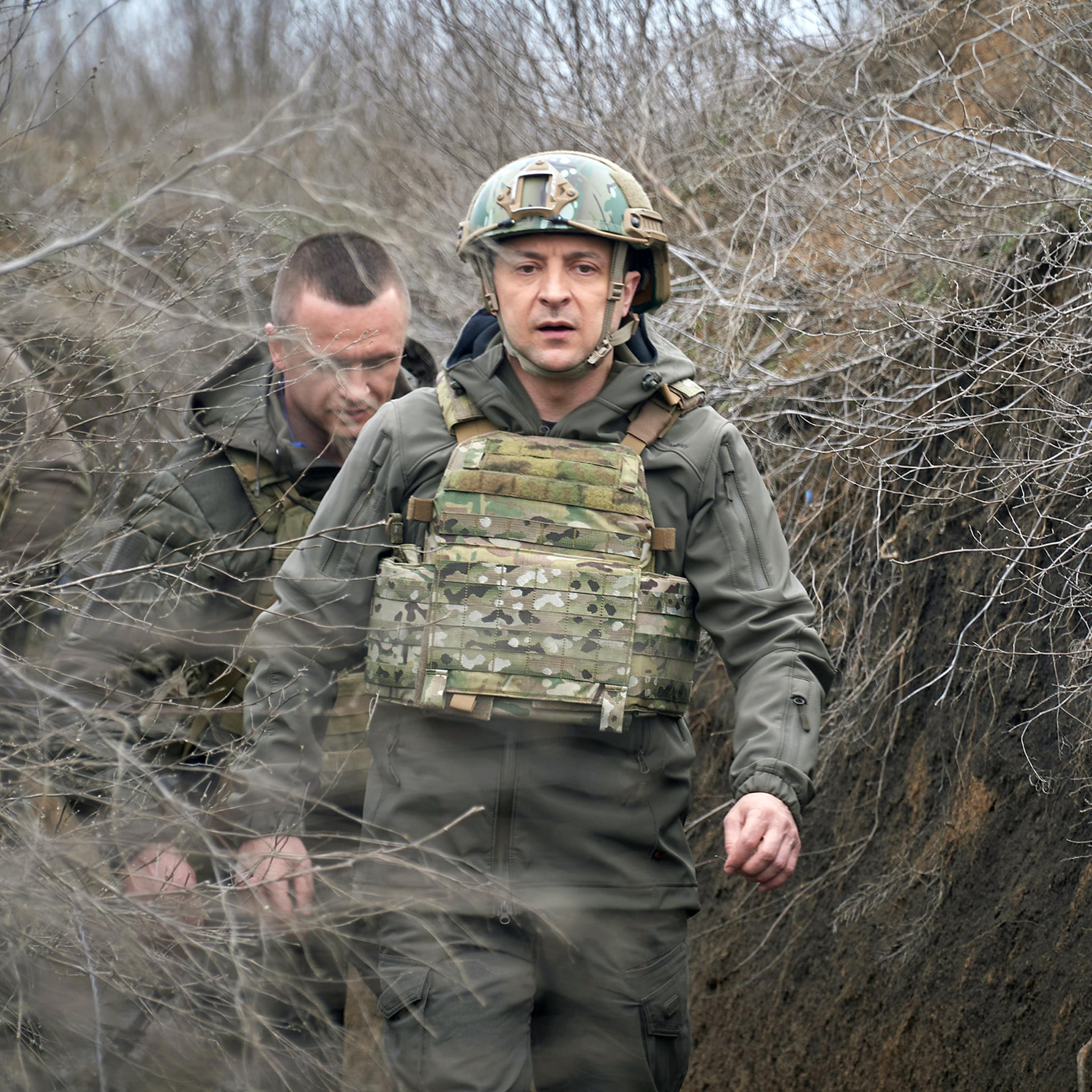 Ukraine's President Volodymyr Zelensky visits positions of armed forces near the frontline with Russian-backed separatists in Donbass region, Ukraine, on April 9, 2021.
