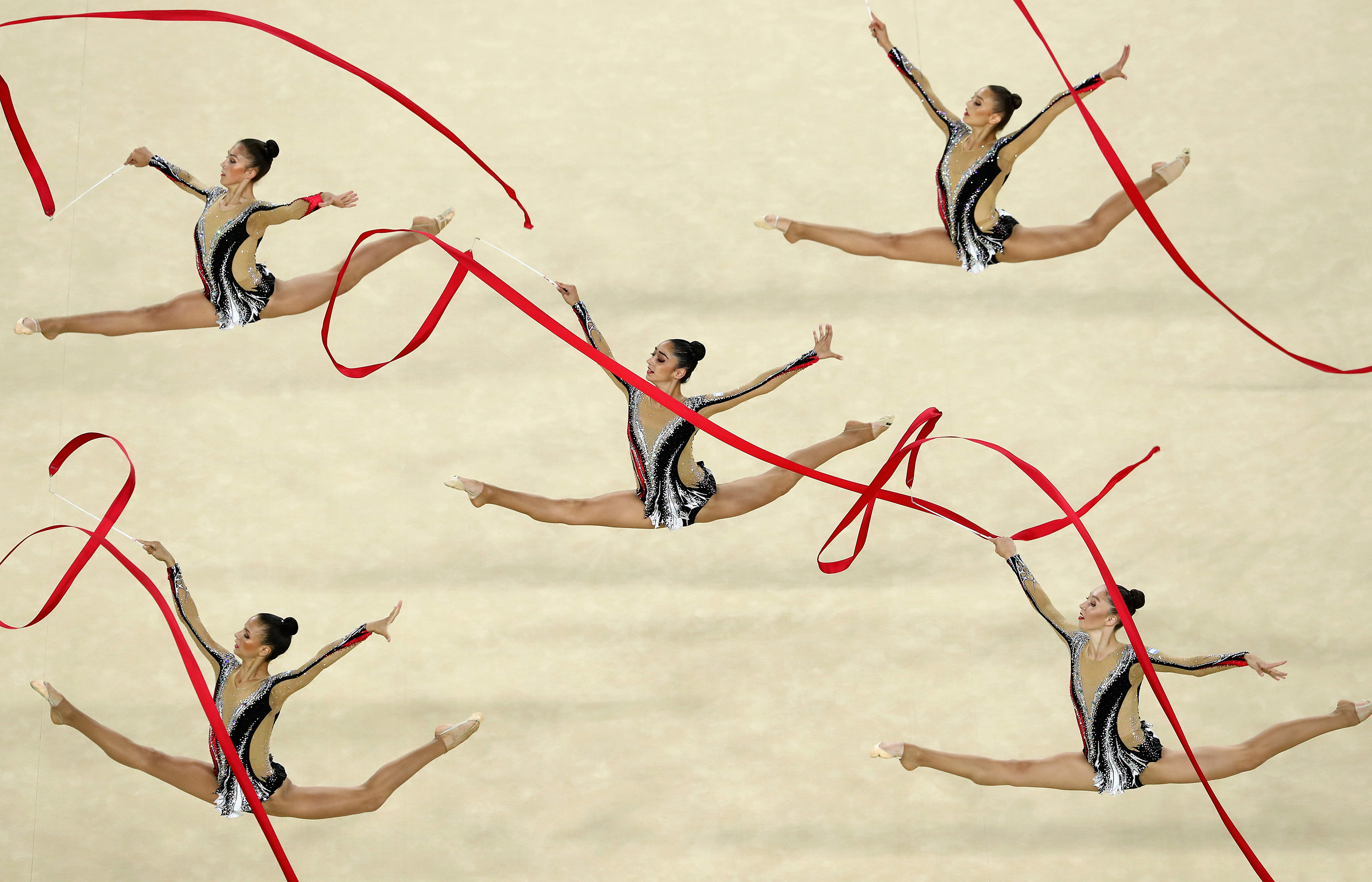 Yuval Filo, Alona Koshevatskiy, Ekaterina Levina, Karina Lykhvar and Ida Mayrin of Israel compete during the Group All-Around Final on Day 16 of the Rio 2016 Olympic Games at Rio Olympic Arena on Aug. 21, 2016.