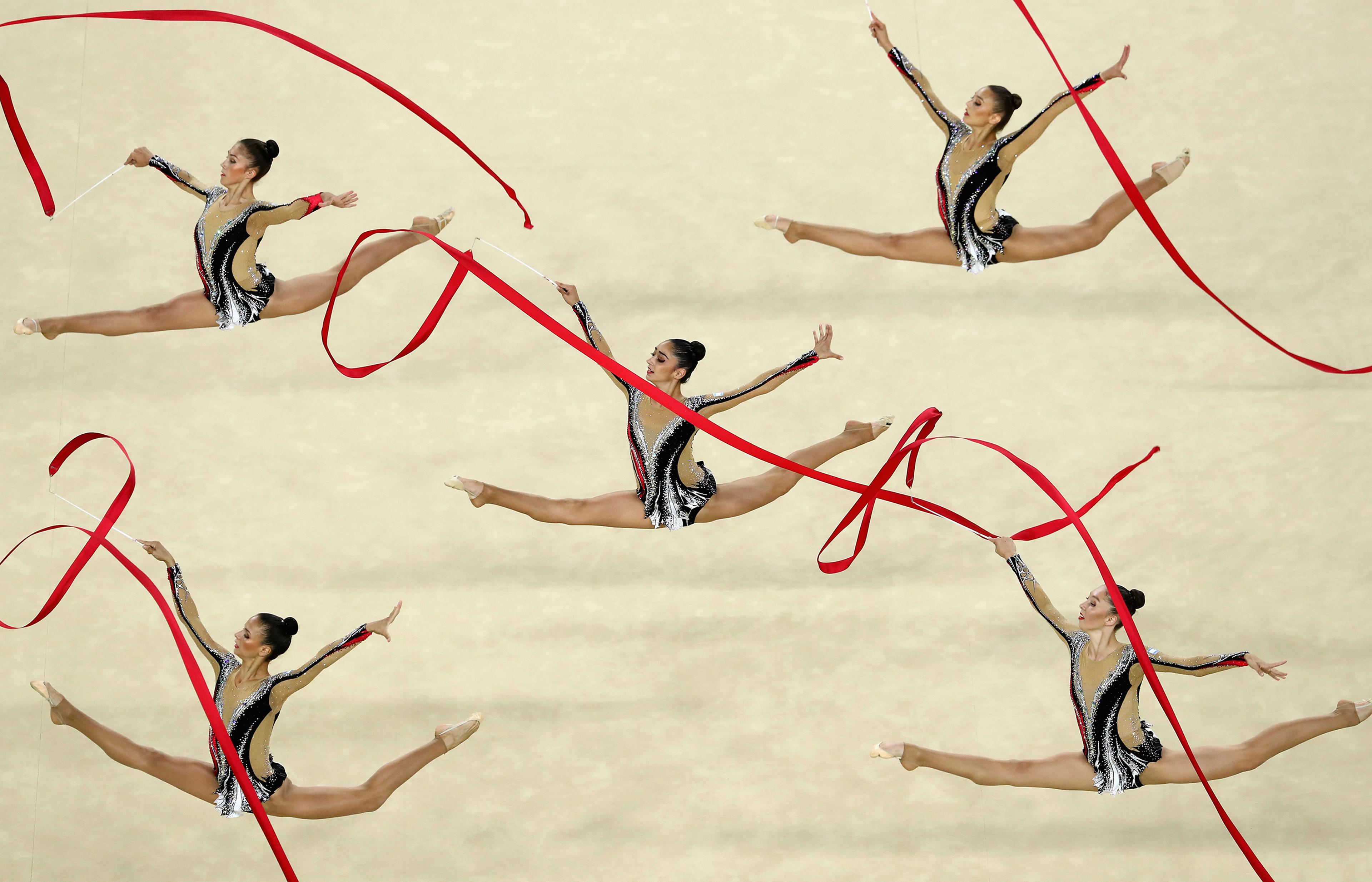 Yuval Filo, Alona Koshevatskiy, Ekaterina Levina, Karina Lykhvar and Ida Mayrin of Israel compete during the Group All-Around Final on Day 16 of the Rio 2016 Olympic Games at Rio Olympic Arena on Aug. 21, 2016.