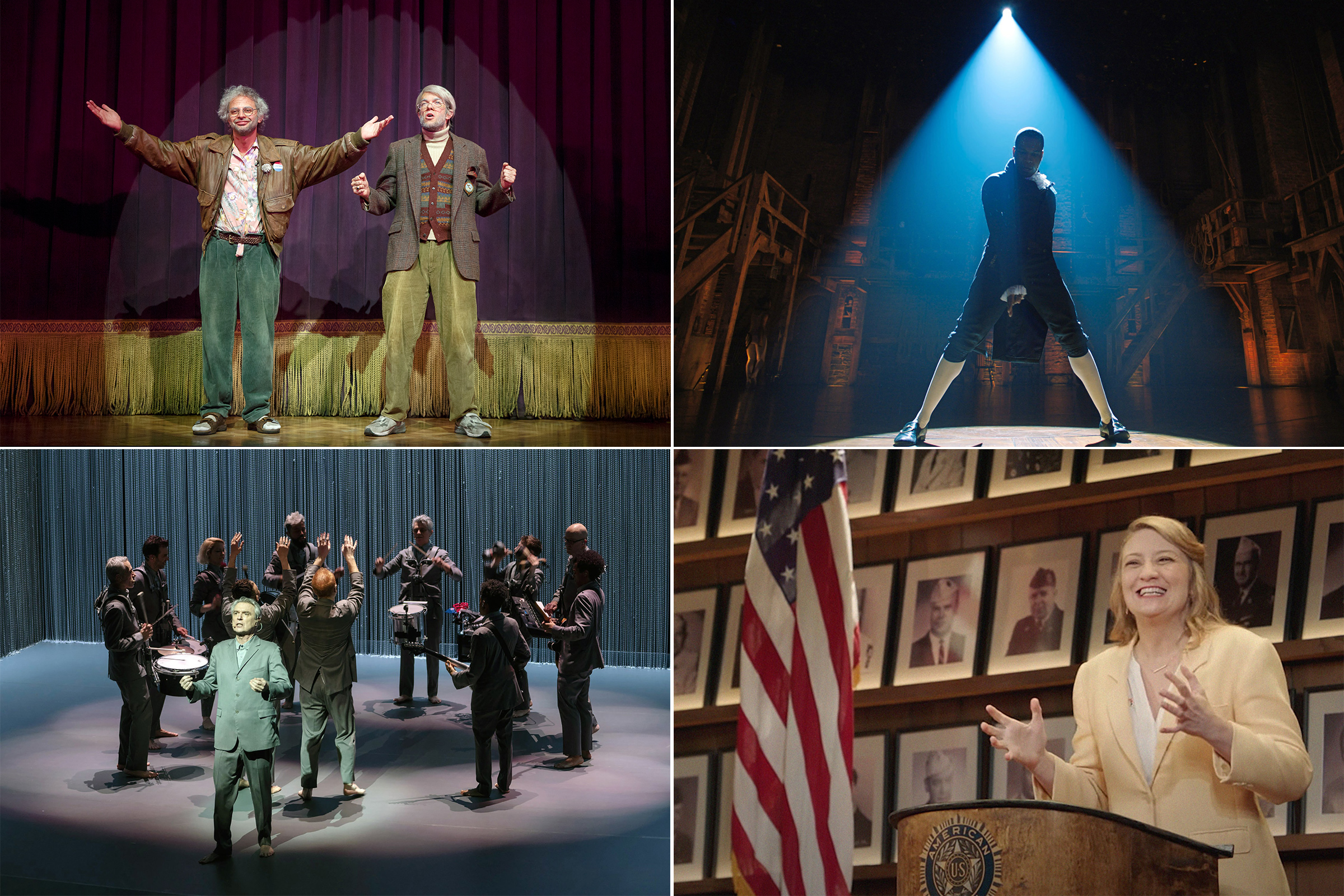 Clockwise from top left: Oh, Hello; Hamilton; What the Constitution Means to Me; American Utopia