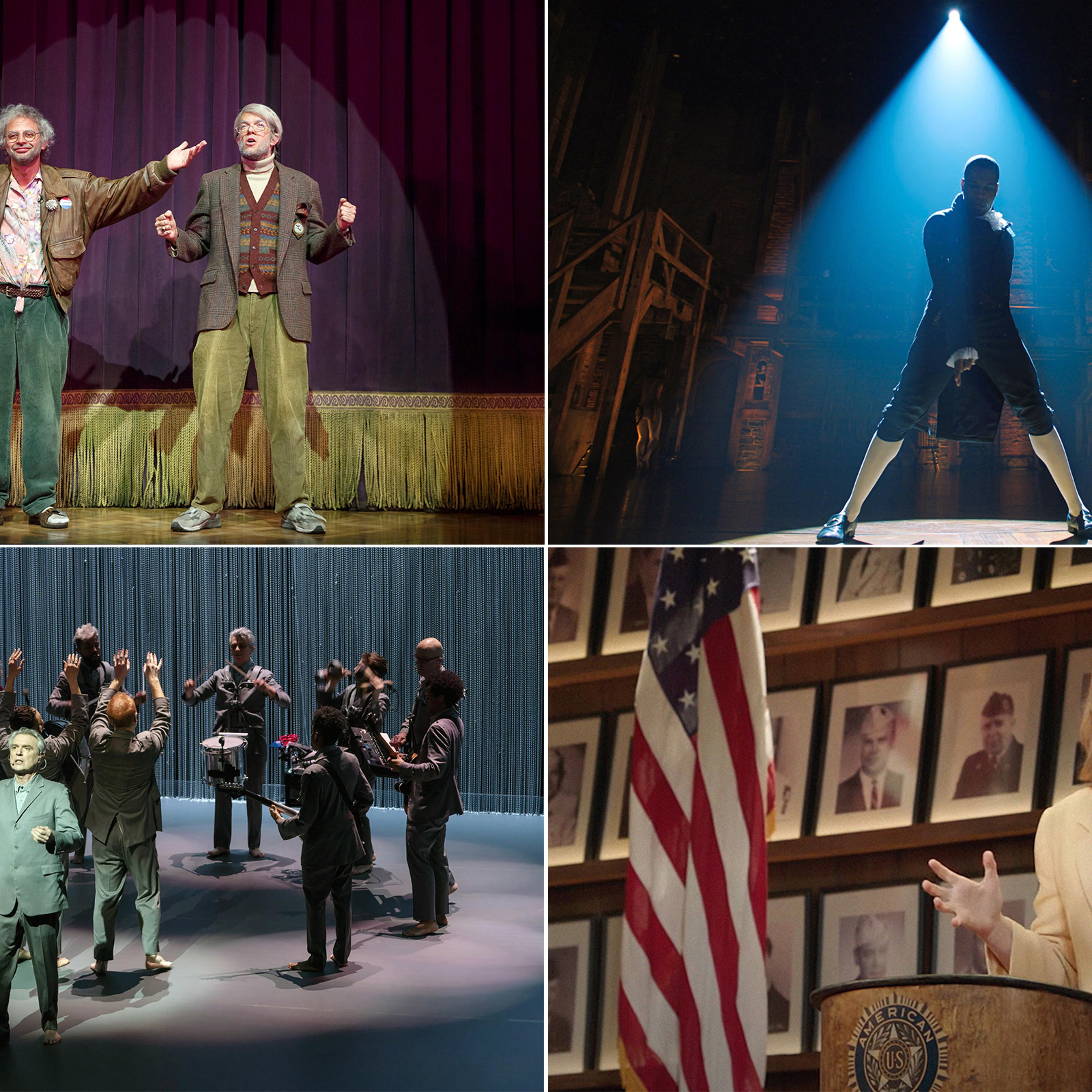 Clockwise from top left: Oh, Hello; Hamilton; What the Constitution Means to Me; American Utopia