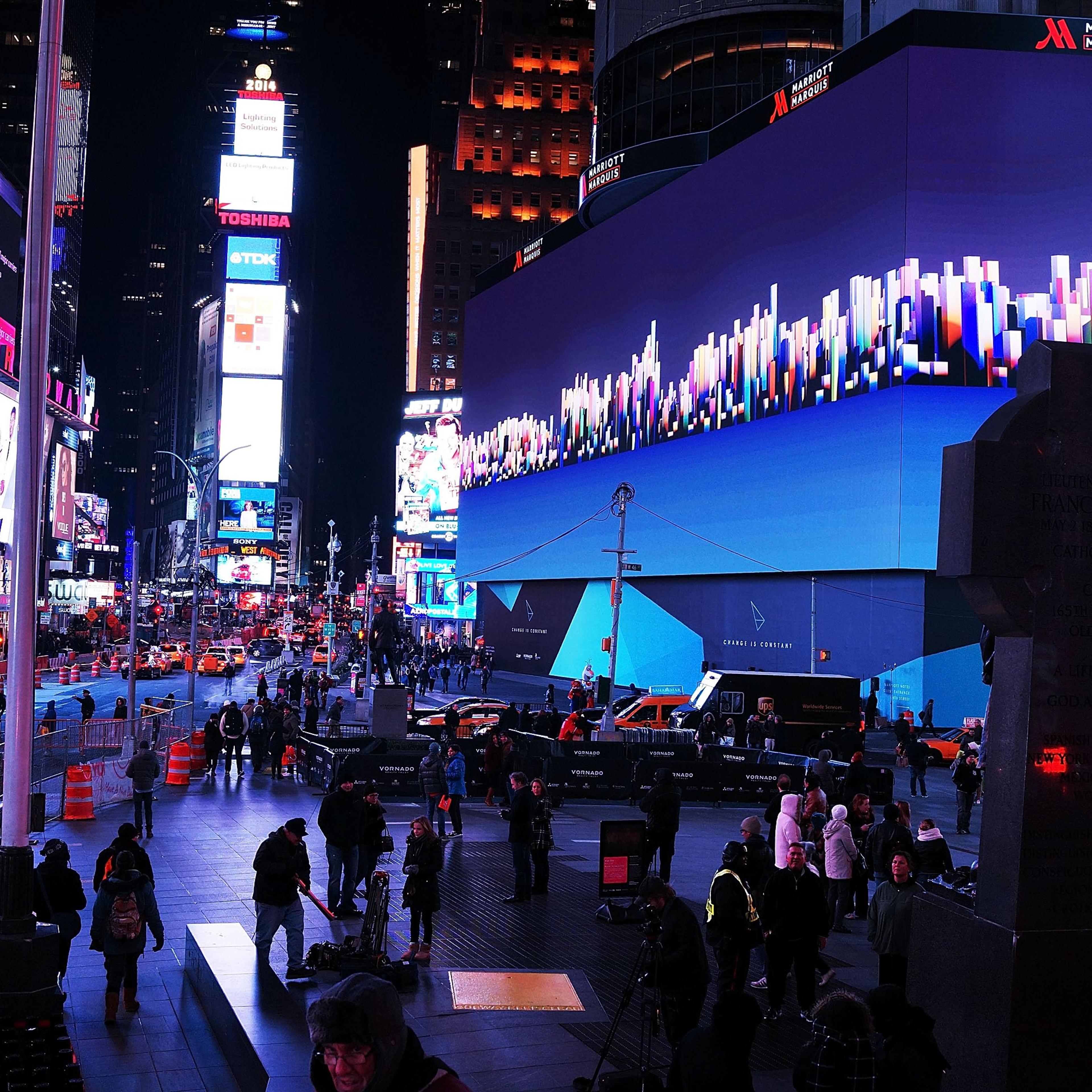 Billed as Times Square's largest and most expensive digital billboard, a new megascreen is debuted in front of the Marriott Marquis hotel on Nov.18, 2014 in New York City.