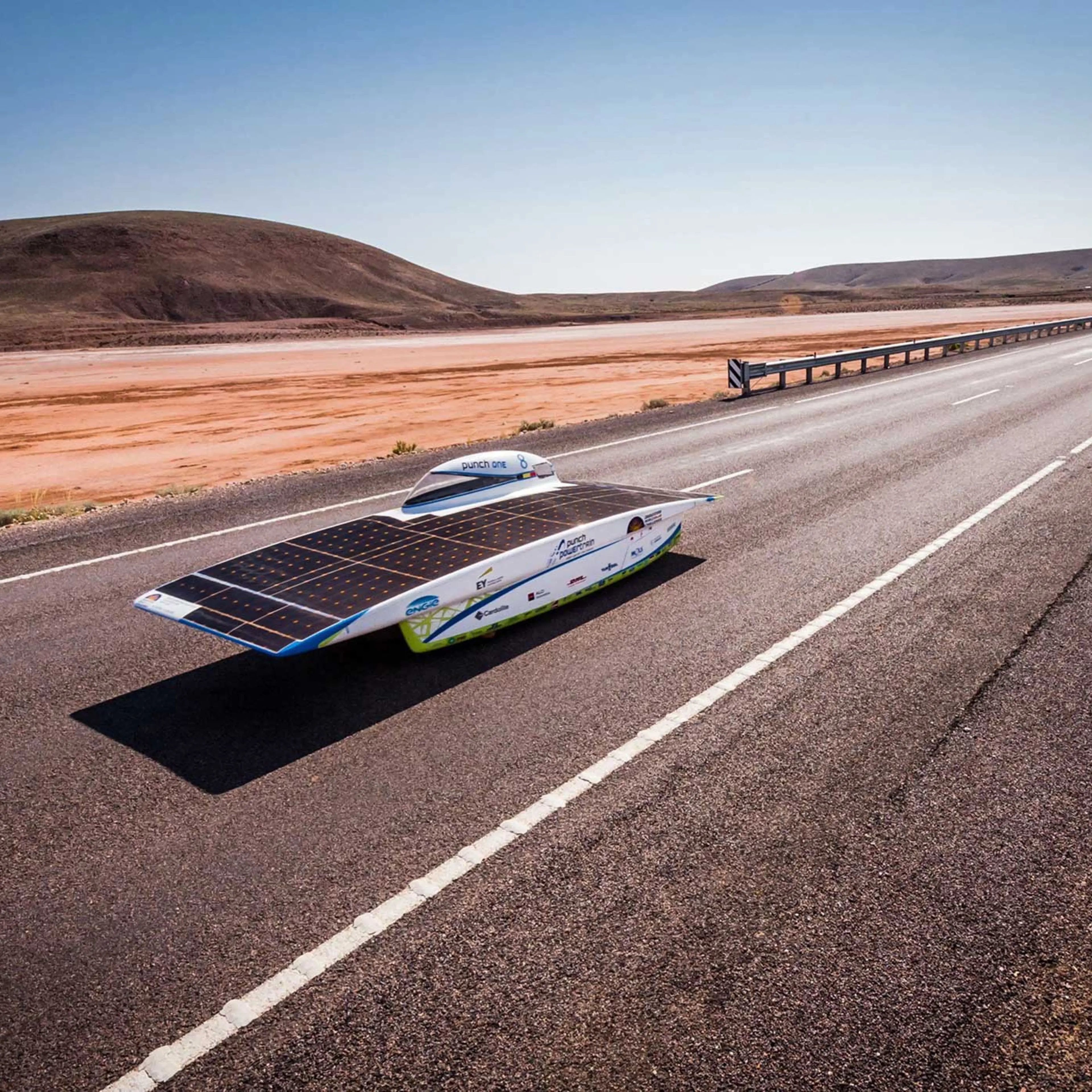The Belgian Punch Powertrain Solar Team near Glendambo as the team races on day four of the 2015 World Solar Challenge on Oct. 21, 2015.