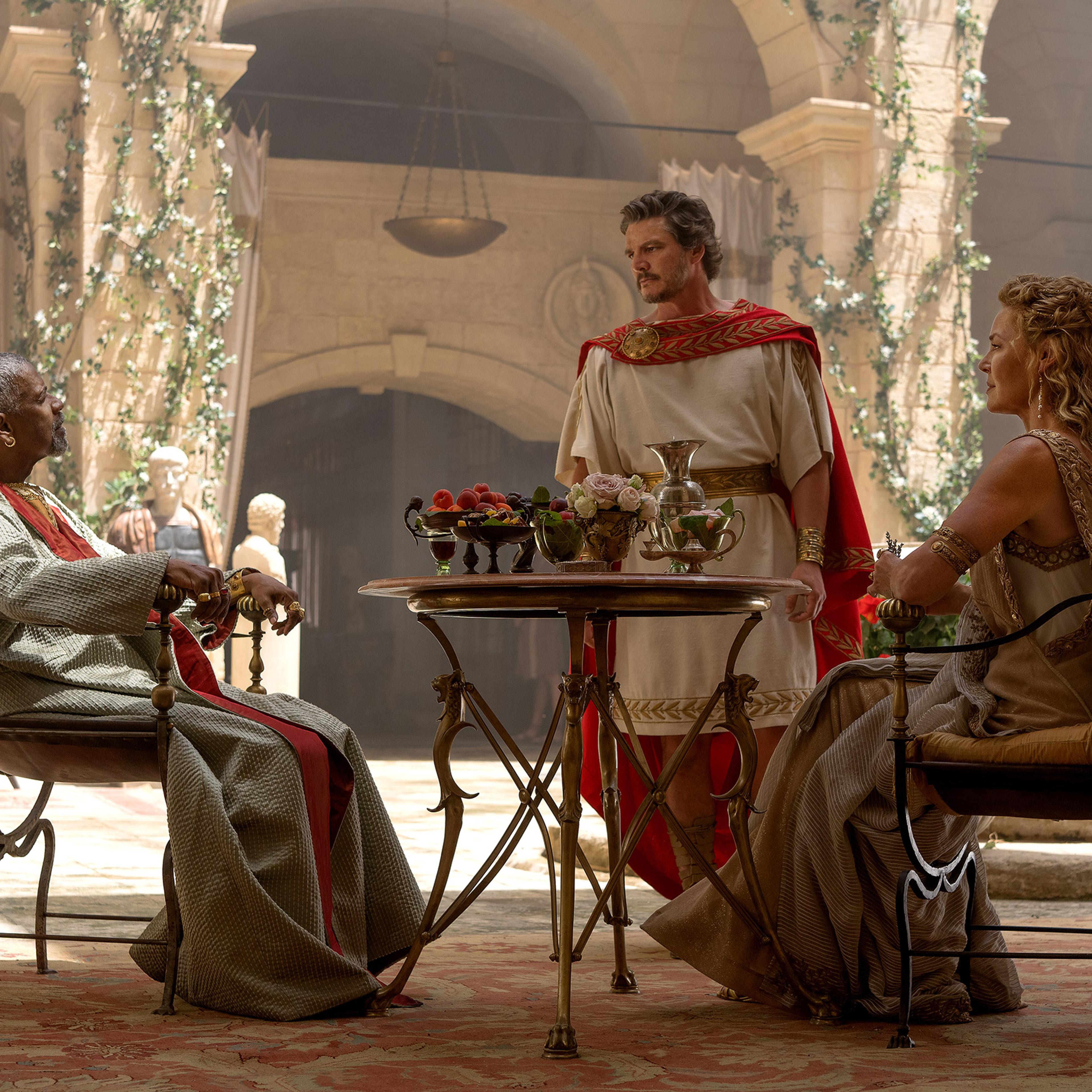 Denzel Washington as Macrinus, Pedro Pascal as General Acacius and Connie Nielsen as Lucilla in Gladiator II
